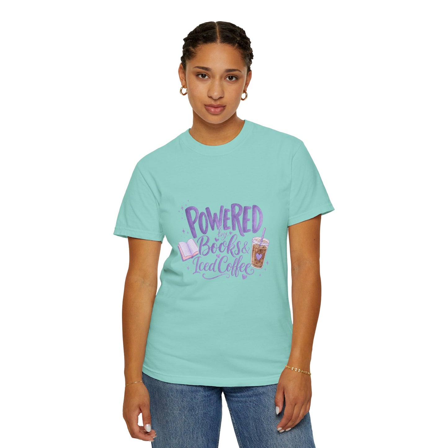 Book Lover T‑Shirt — "Powered by Books & Iced Coffee" Graphic Tee