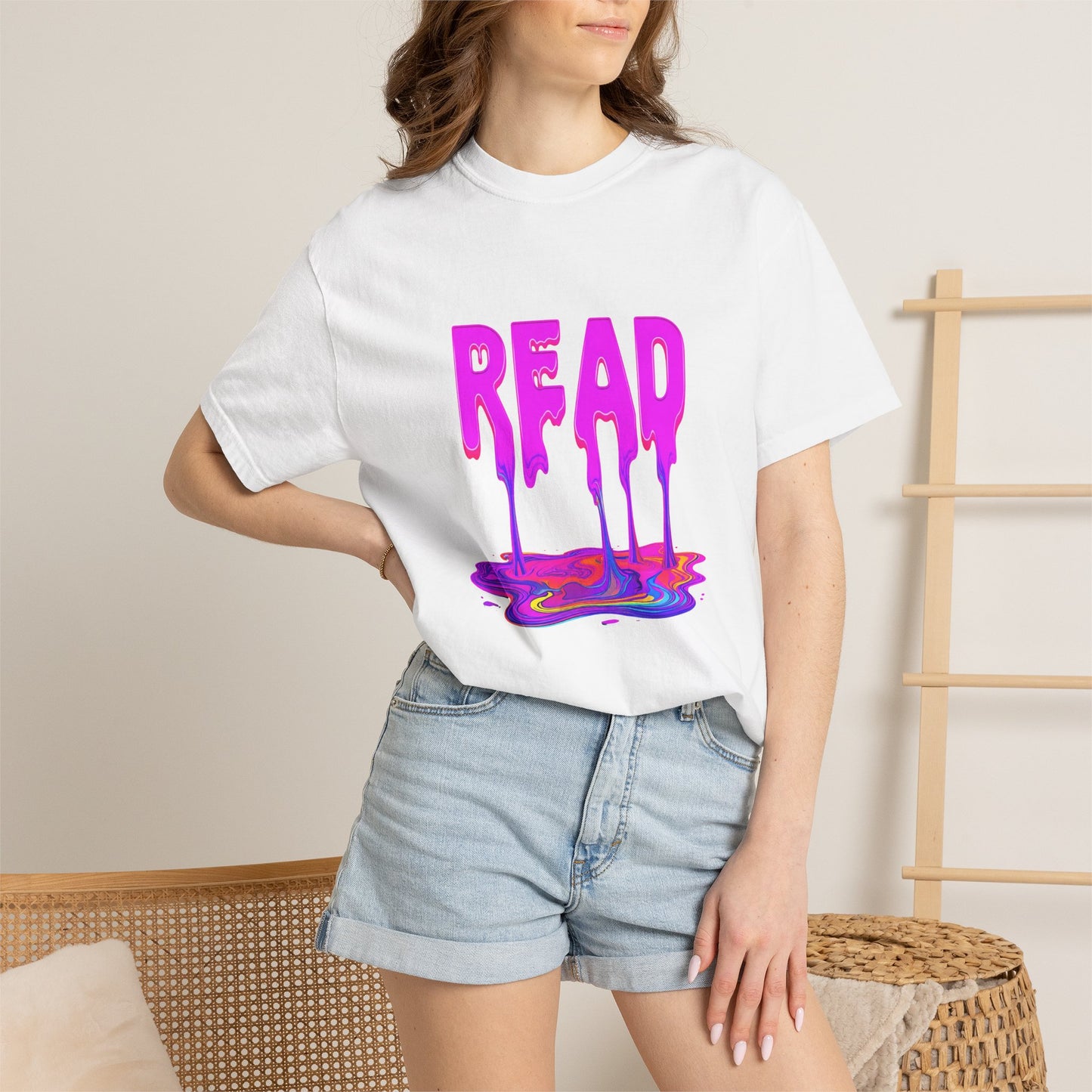 "READ" Dripping Graphic T-Shirt — Psychedelic Melting Book Design