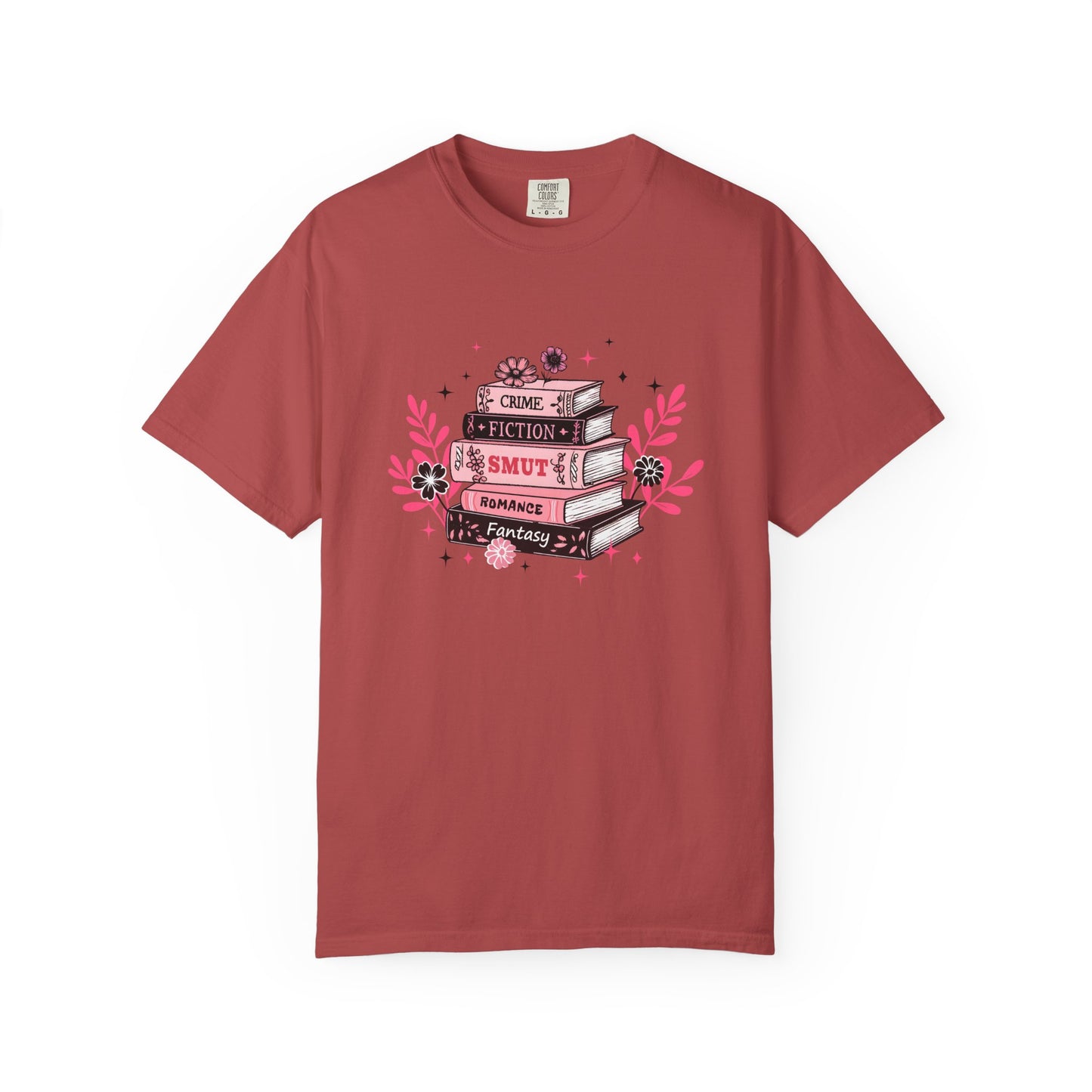 Book Stack Graphic T-Shirt — Cute Floral Reading Shirt (Crime, Fiction, Smut, Romance)
