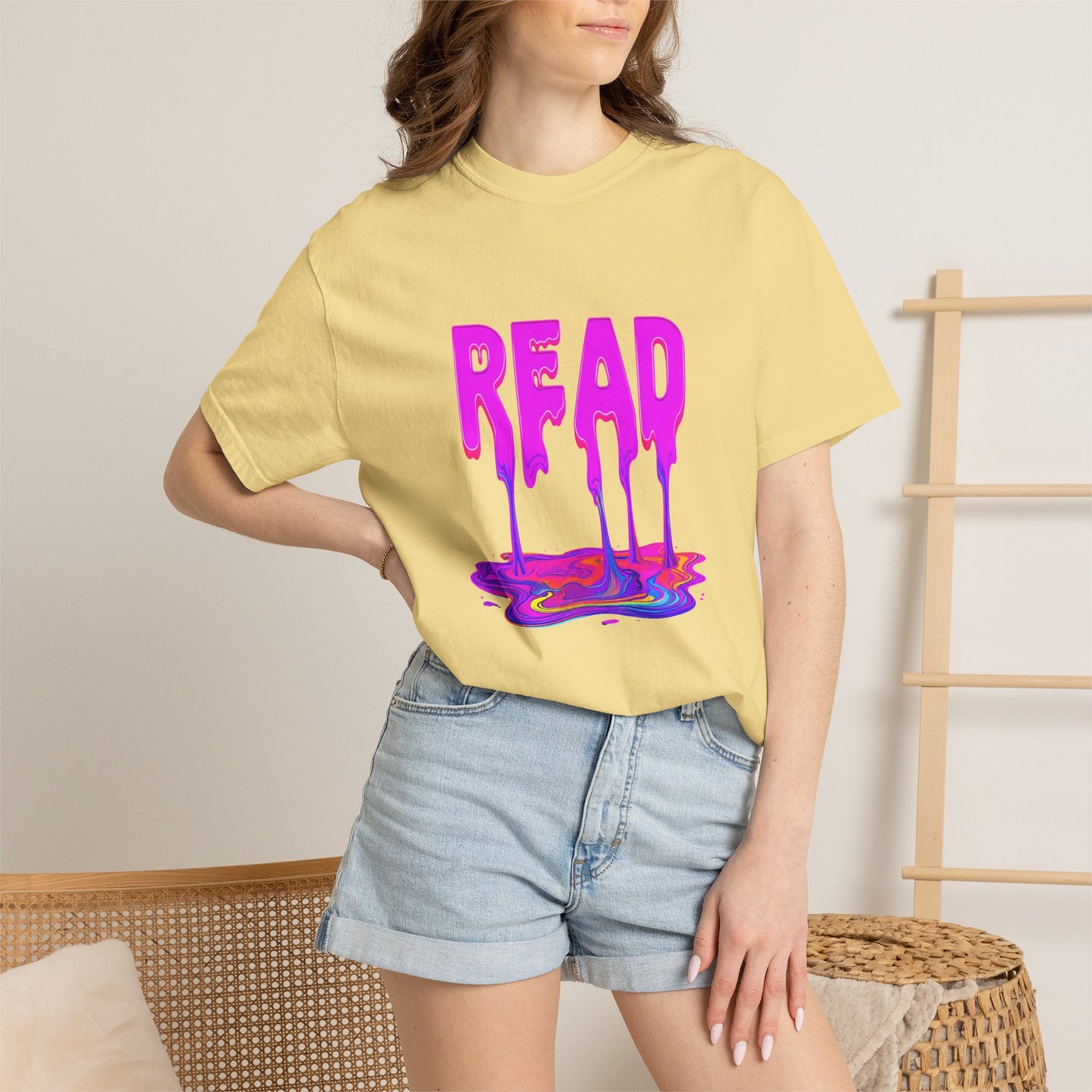 "READ" Dripping Graphic T-Shirt — Psychedelic Melting Book Design