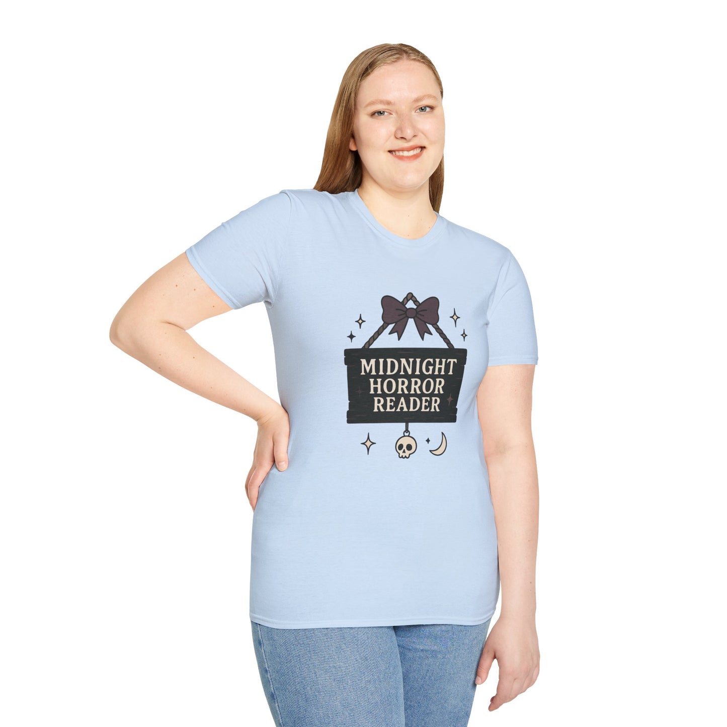 Lightweight Fabric - "Midnight Horror Reader" T-Shirt — Spooky Book Lover Graphic Tee