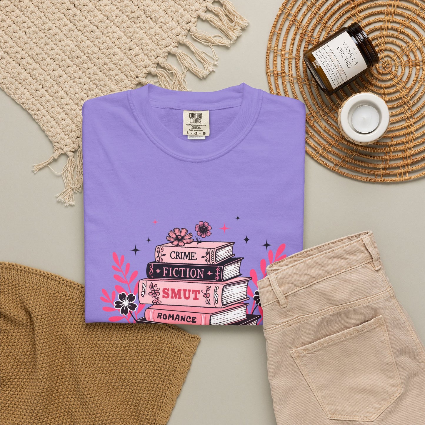 Book Stack Graphic T-Shirt — Cute Floral Reading Shirt (Crime, Fiction, Smut, Romance)