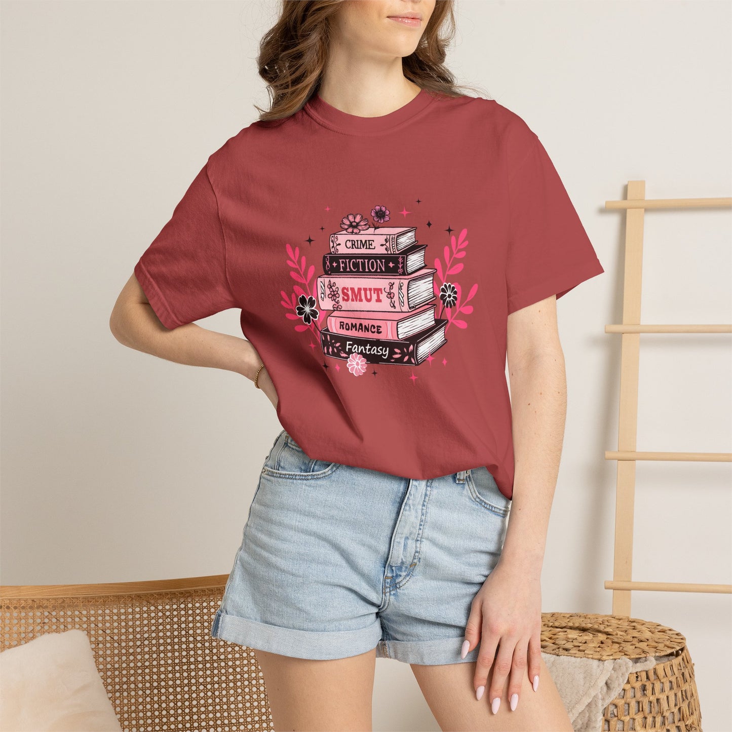 Book Stack Graphic T-Shirt — Cute Floral Reading Shirt (Crime, Fiction, Smut, Romance)