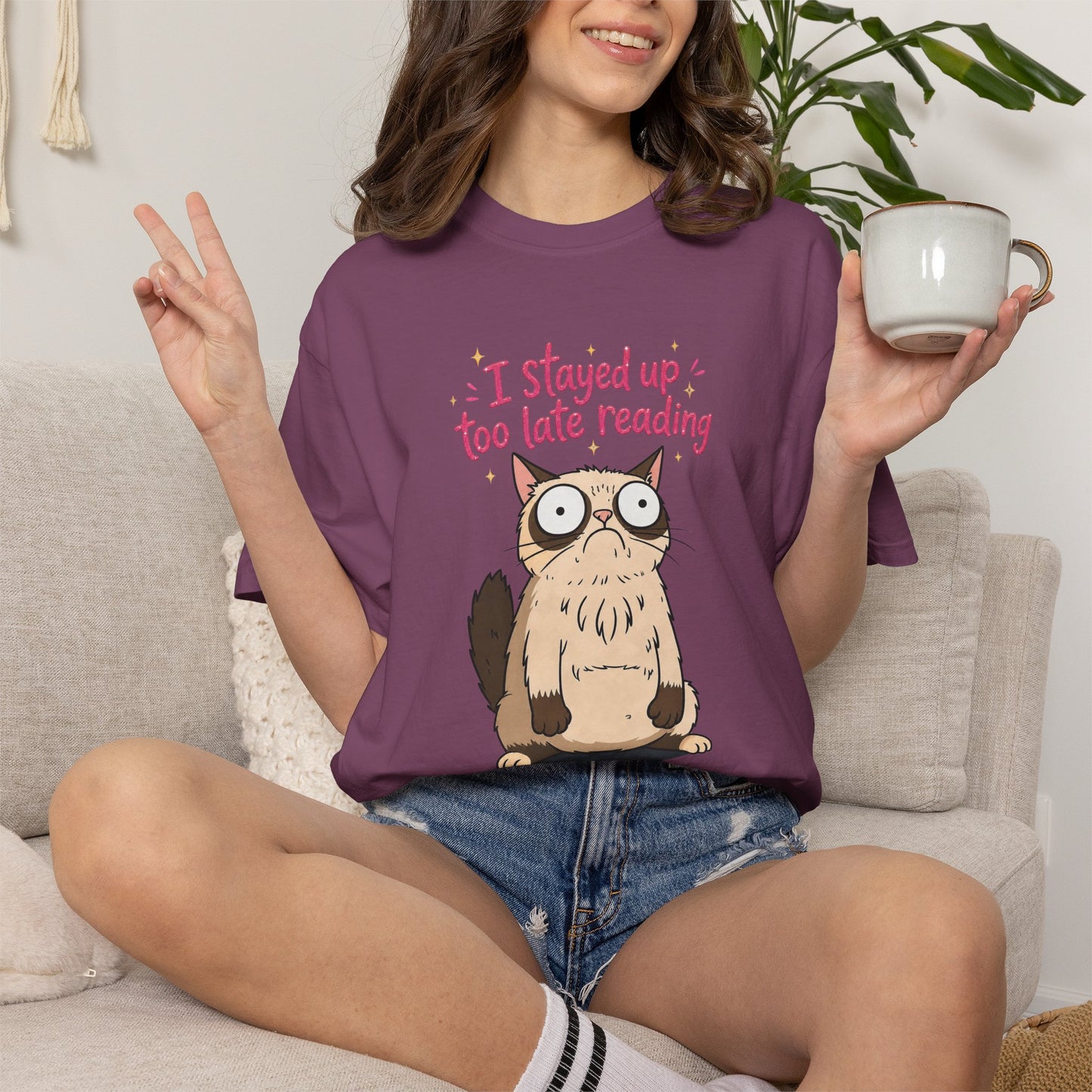 "I Stayed Up Too Late Reading" Cat T-Shirt — Cute Book Lover Graphic Tee