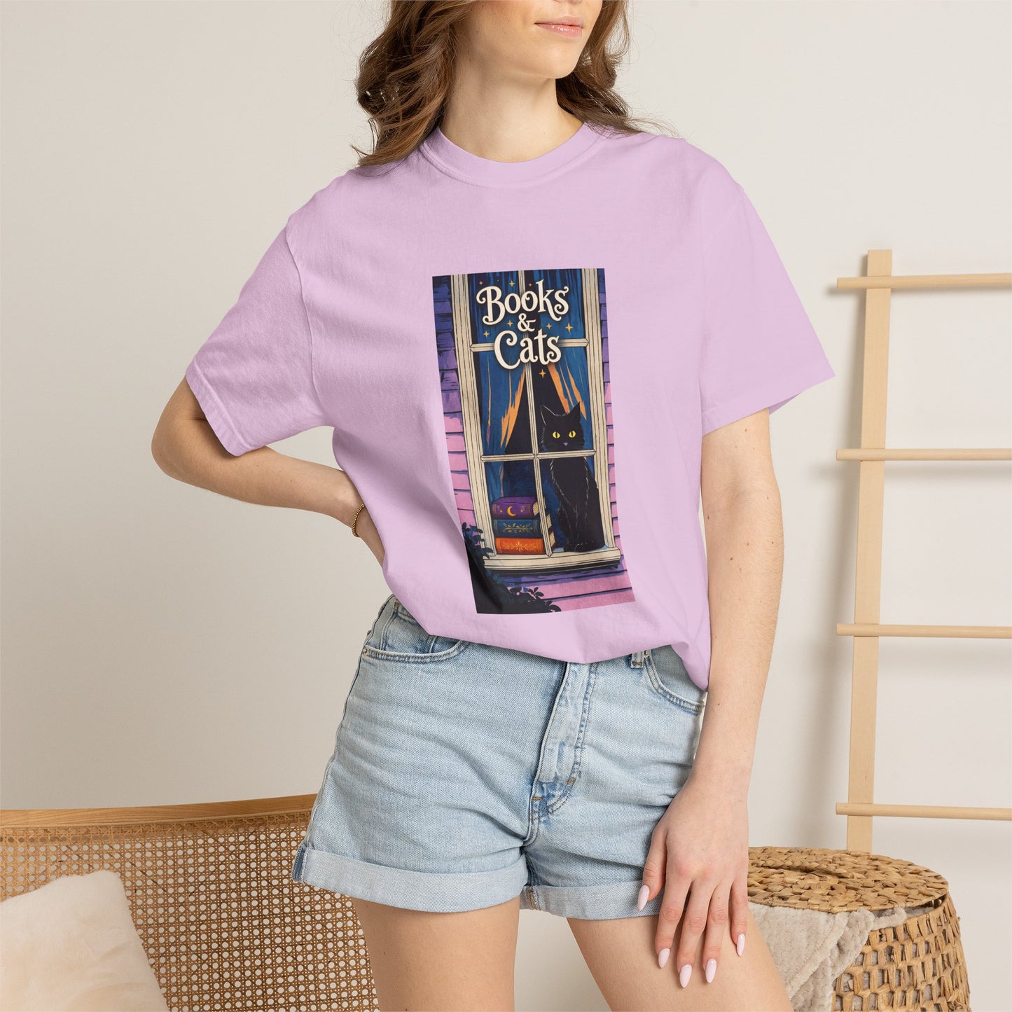 "Books & Cats" T-Shirt — Cozy Bookshop Window Graphic Tee