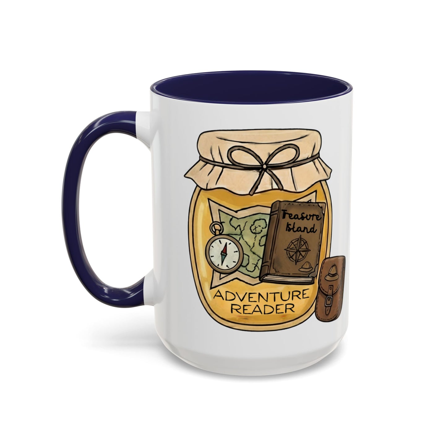 "Adventure Reader" Accent Coffee Mug — Bookish Travel Compass & Treasure Jam Jar Design