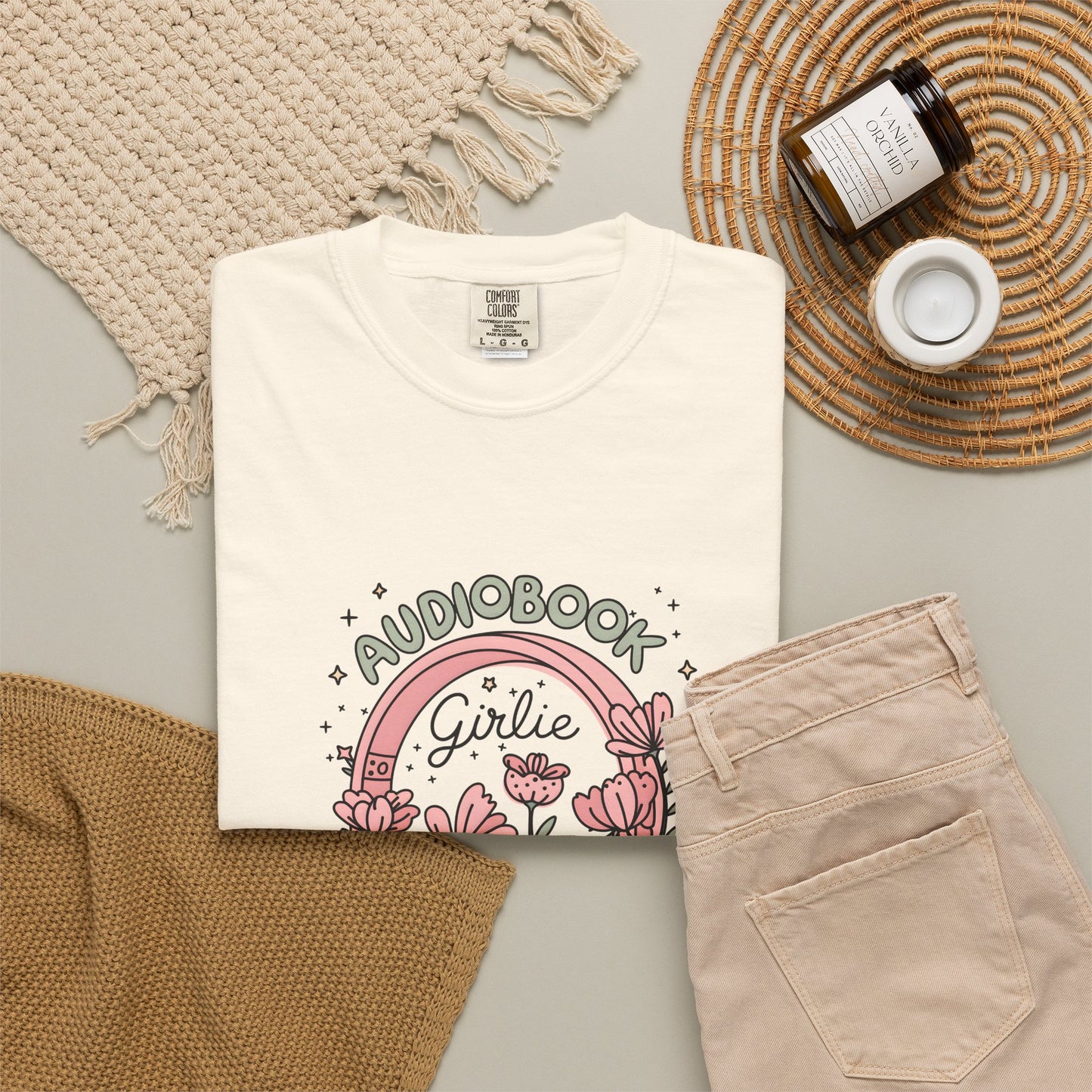 "Audiobook Girlie" T-Shirt — Floral Headphones Graphic Tee
