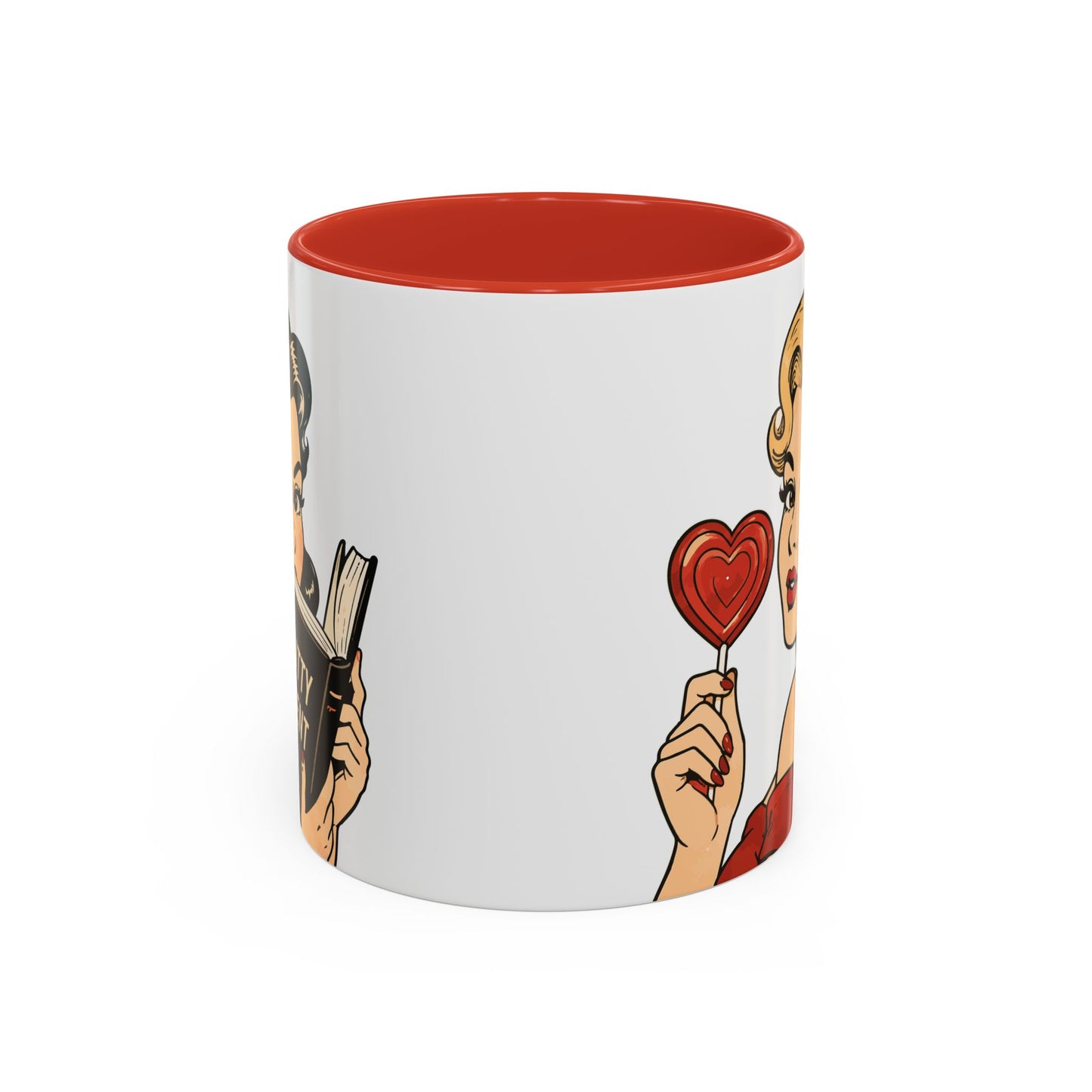 Retro Pin-Up Coffee Mug — Vintage Pop Art Woman with Heart Lollipop (11oz)