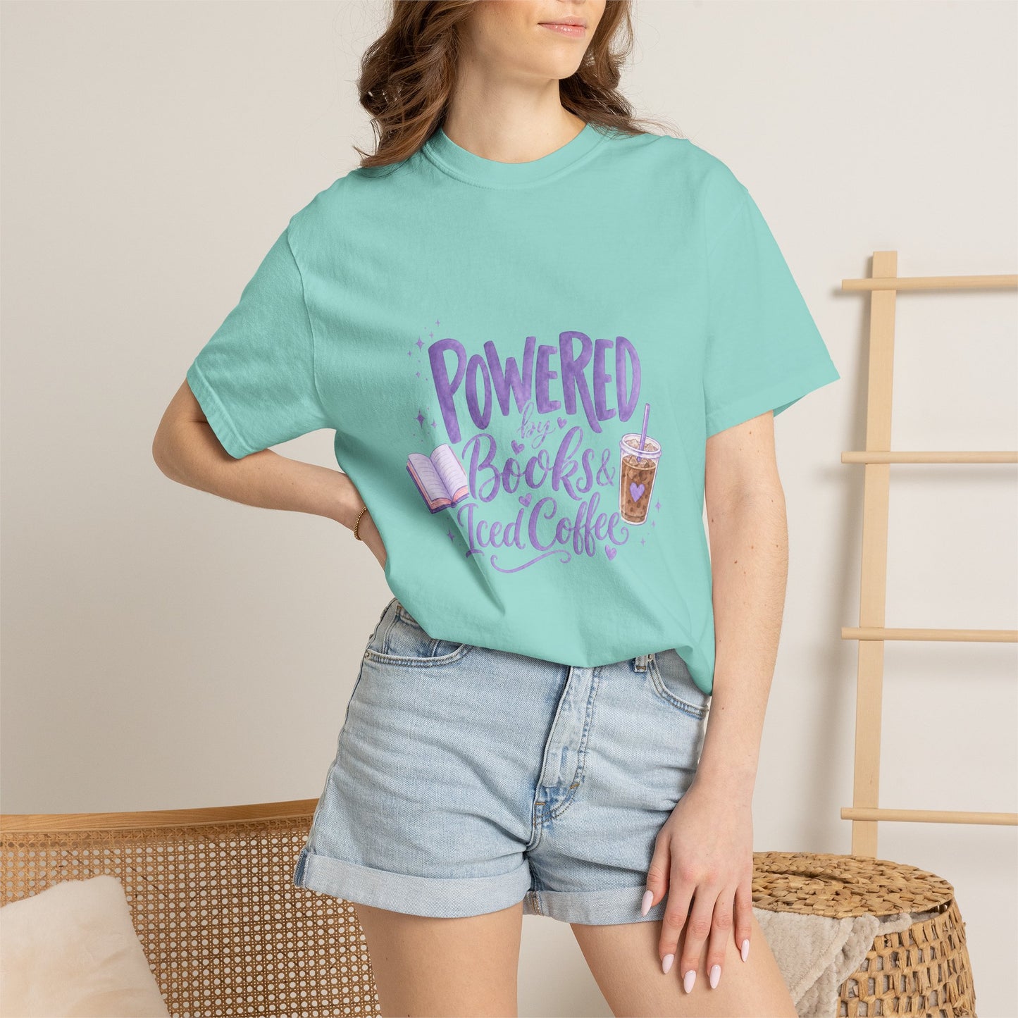 Book Lover T‑Shirt — "Powered by Books & Iced Coffee" Graphic Tee