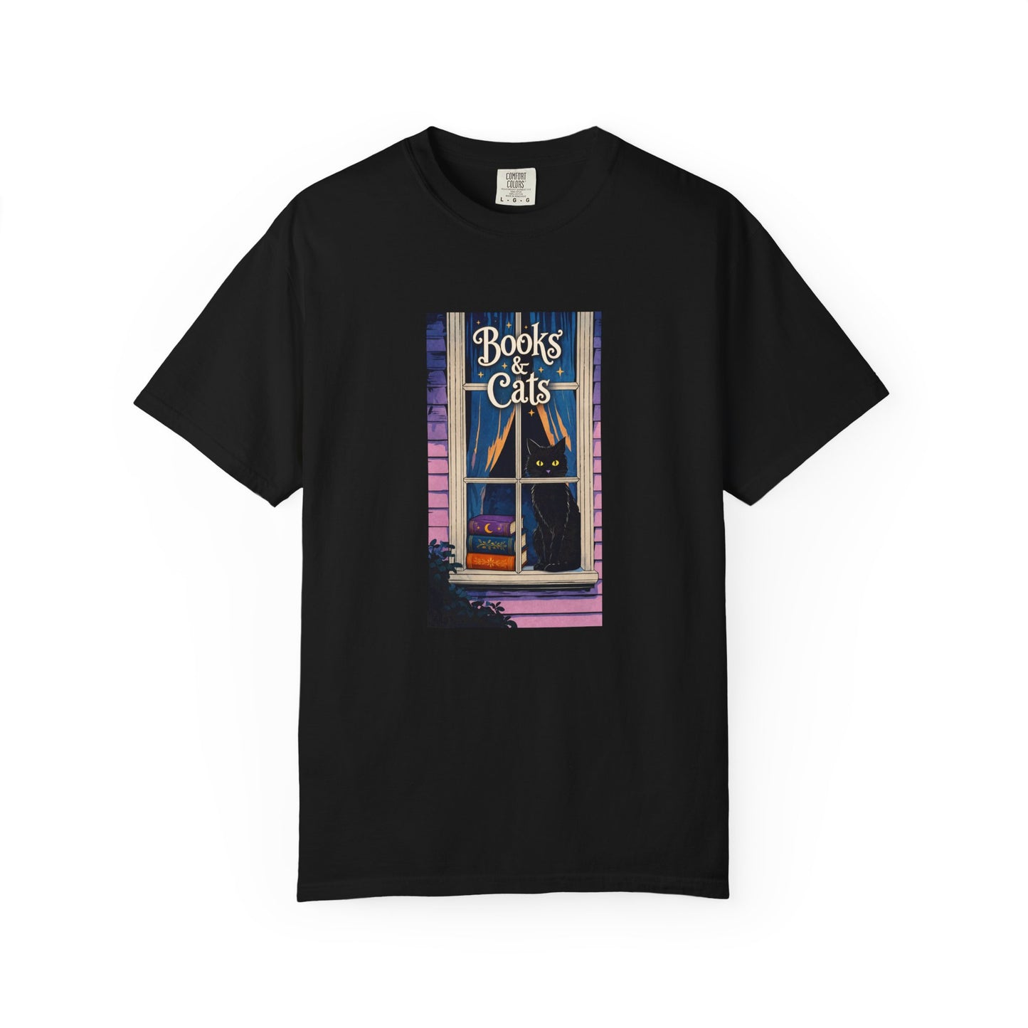 "Books & Cats" T-Shirt — Cozy Bookshop Window Graphic Tee