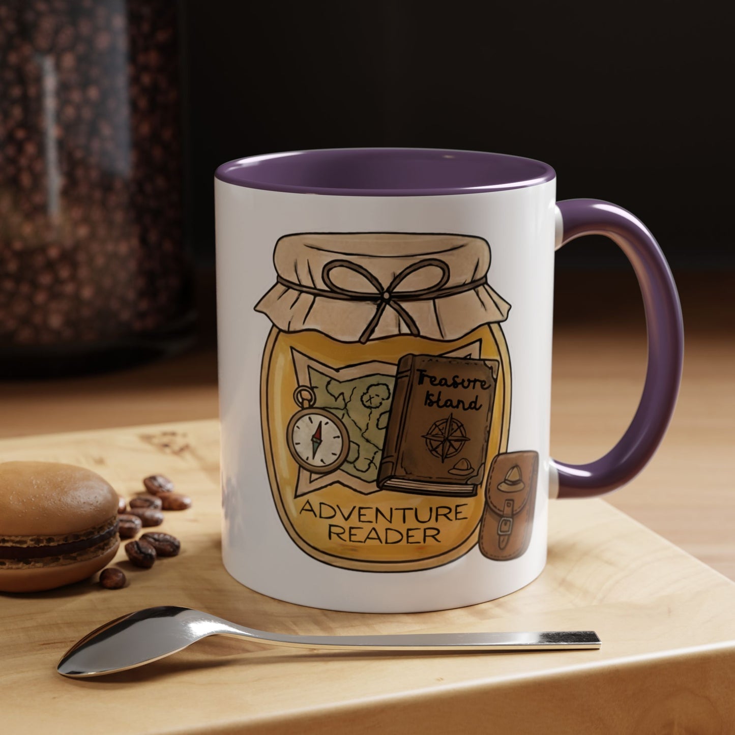 "Adventure Reader" Accent Coffee Mug — Bookish Travel Compass & Treasure Jam Jar Design