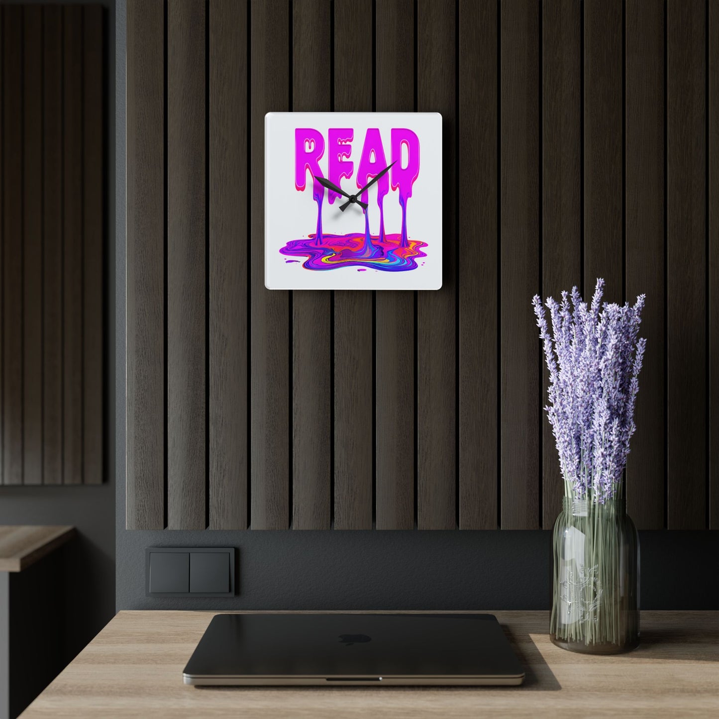 Acrylic Wall Clock — "READ" Drippy Neon Melt Art Clock for Book Lovers