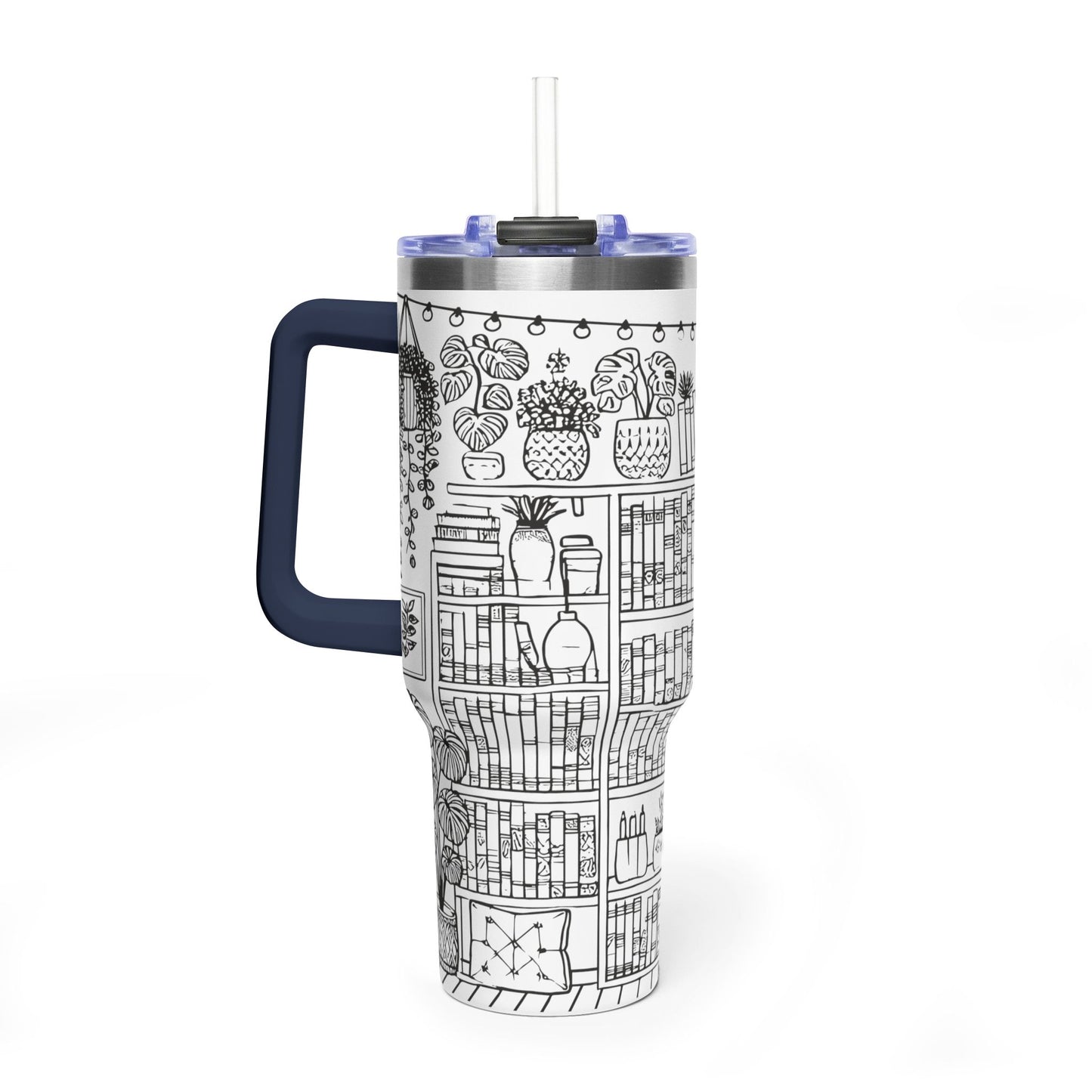 40oz Booklover Vacuum Tumbler – Illustrated Bookshelf Design