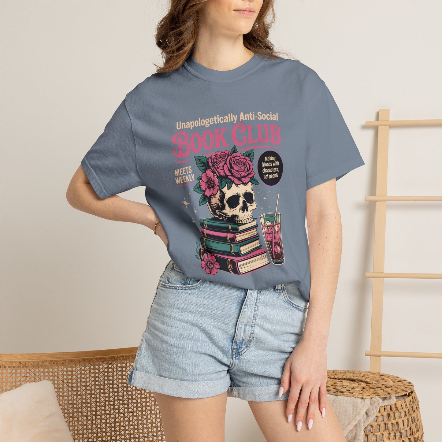 "Unapologetically Anti-Social Book Club" T-Shirt — Skull & Books Graphic Tee for Avid Readers