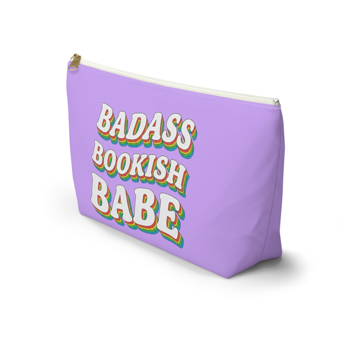 "Badass Bookish Babe" Accessory Pouch — Lavender T‑Bottom Makeup & Book Lover Organizer