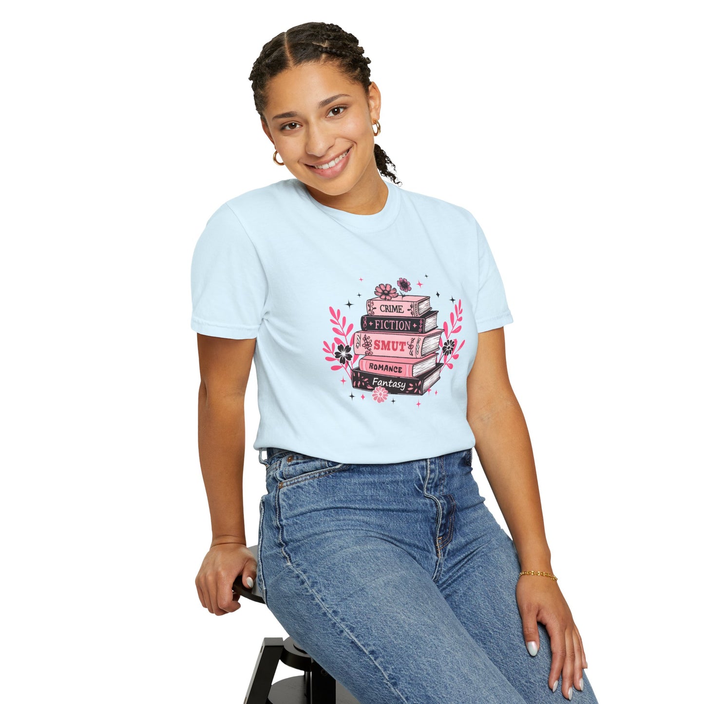 Book Stack Graphic T-Shirt — Cute Floral Reading Shirt (Crime, Fiction, Smut, Romance)