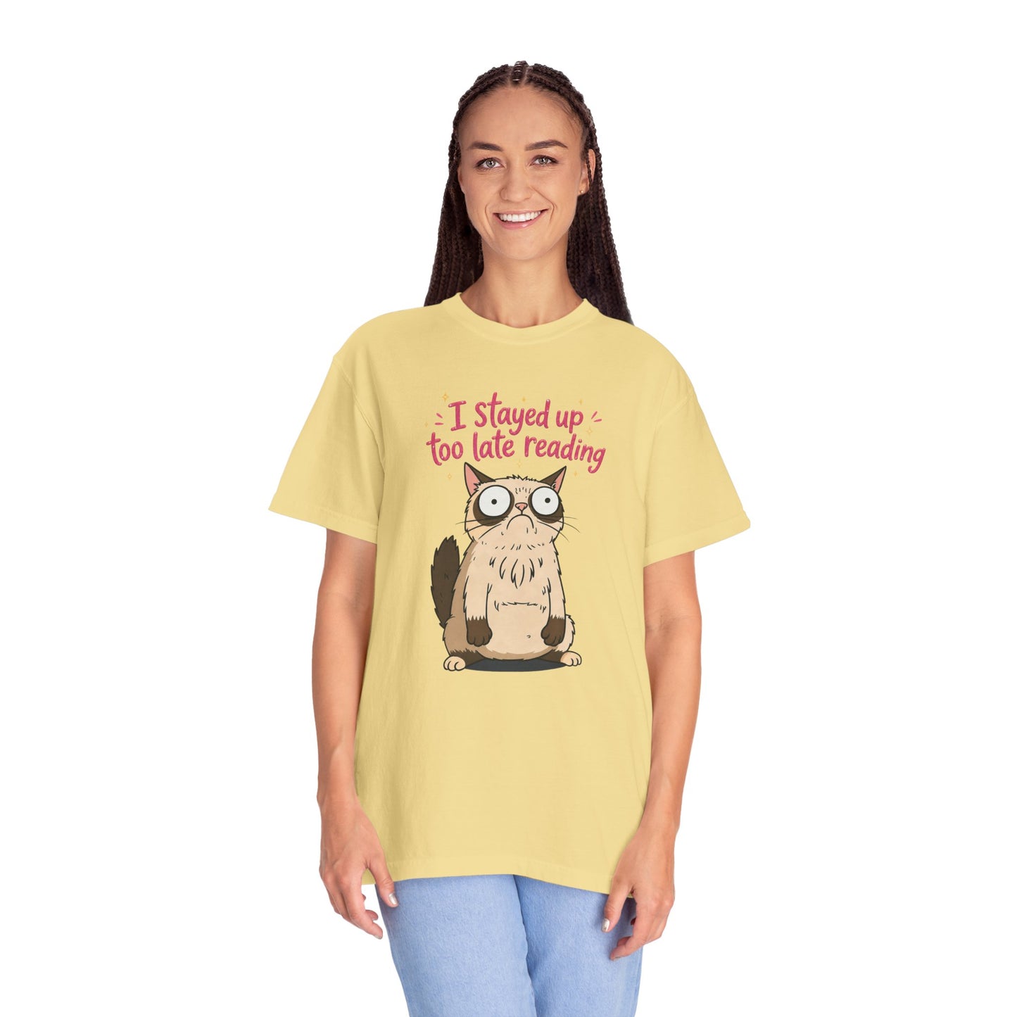 "I Stayed Up Too Late Reading" Cat T-Shirt — Cute Book Lover Graphic Tee