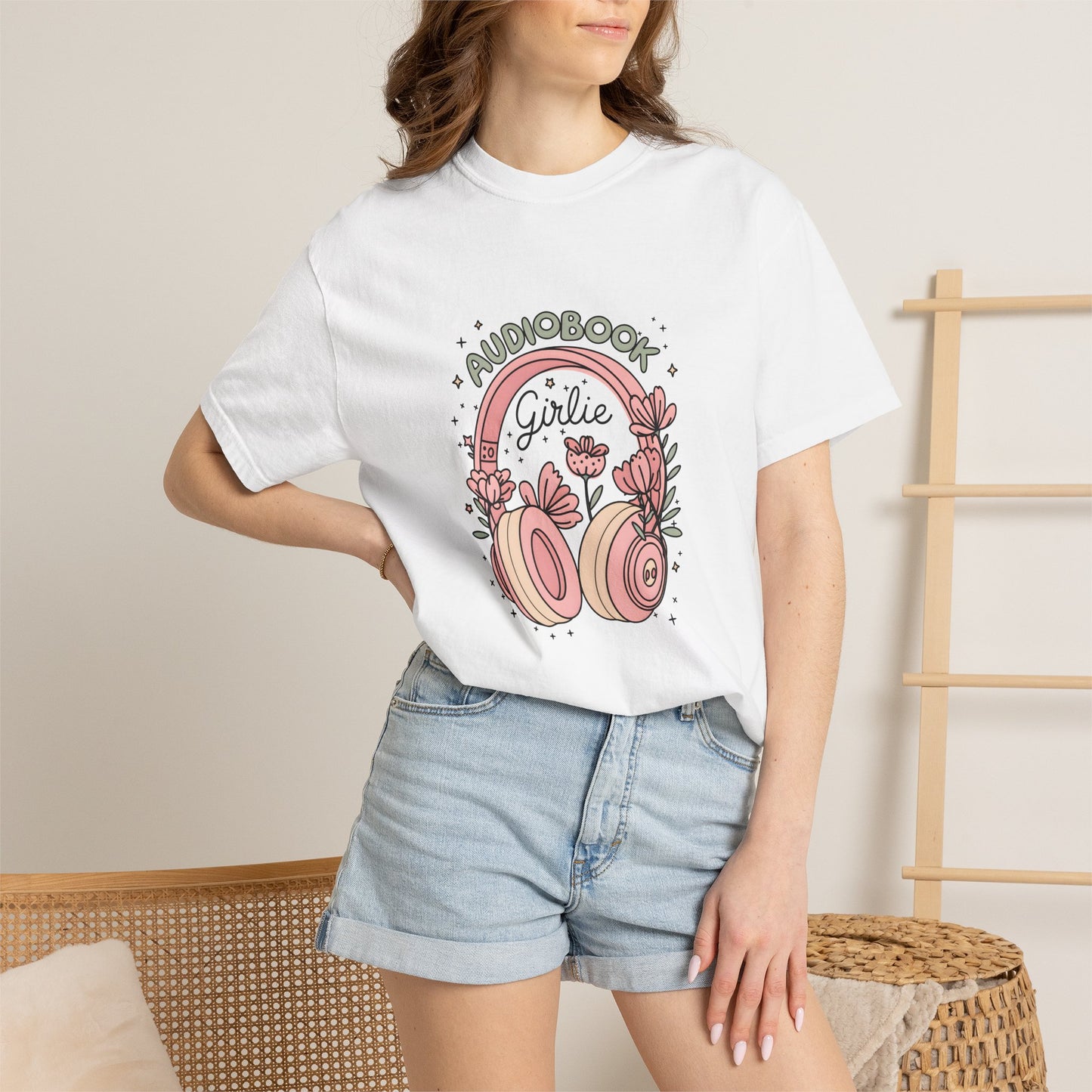 "Audiobook Girlie" T-Shirt — Floral Headphones Graphic Tee
