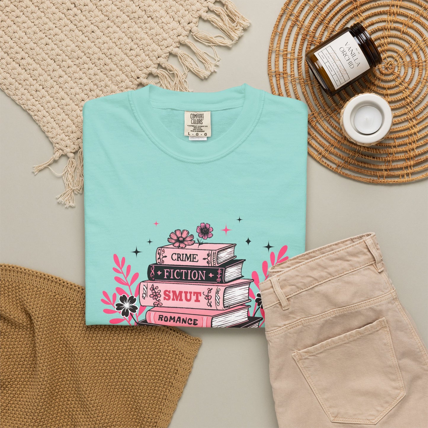 Book Stack Graphic T-Shirt — Cute Floral Reading Shirt (Crime, Fiction, Smut, Romance)