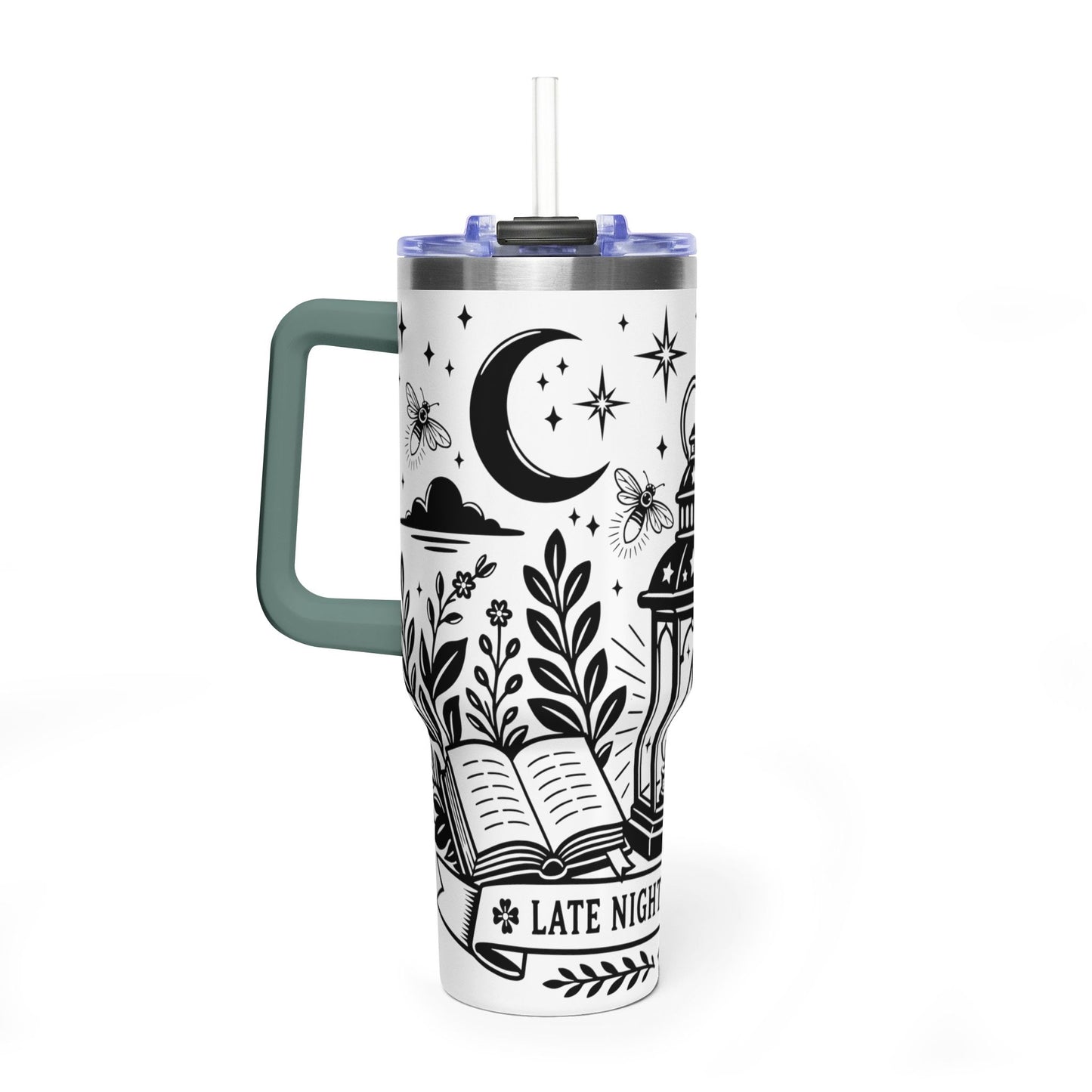 40oz Vacuum Tumbler — "Late Night Reading Club" Lantern & Moon Book Lover Travel Mug