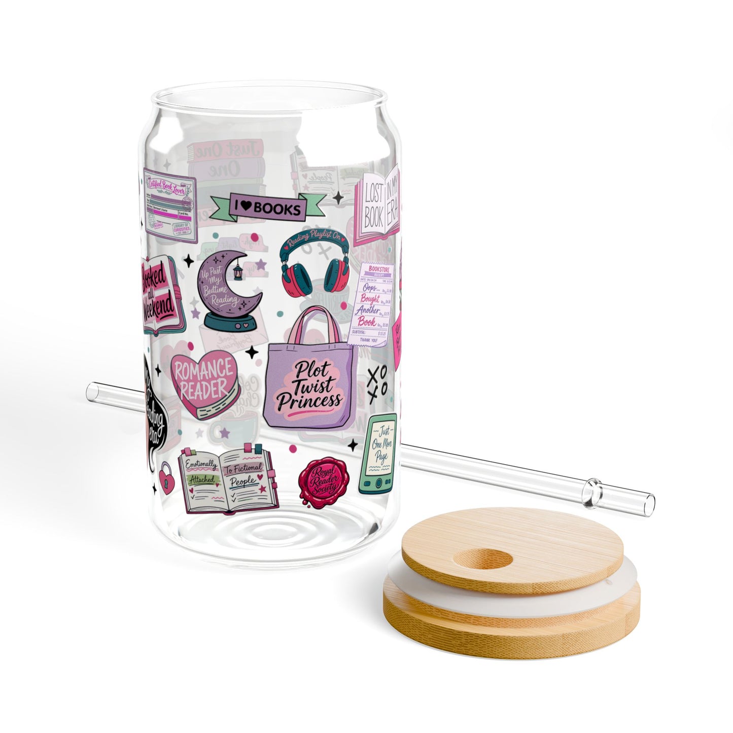 Romance Reader 16oz Sipper Glass with Retro Pink Sticker Collage