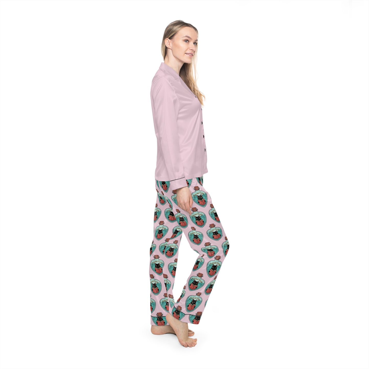 Women's Satin Pajama Set — Pink Sleep Top with Custom All-Over Patterned Pants (Cute Face Print)