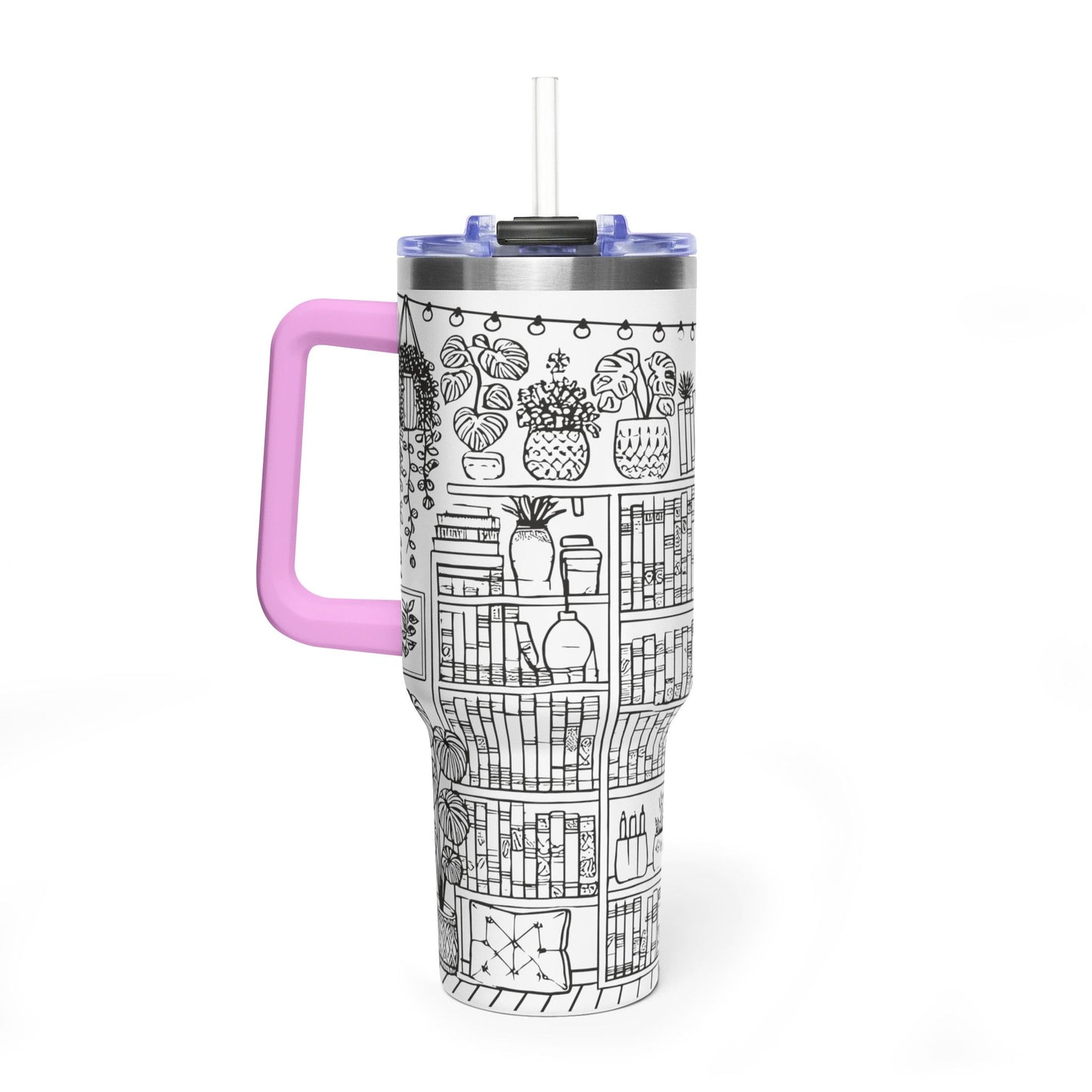 40oz Booklover Vacuum Tumbler – Illustrated Bookshelf Design