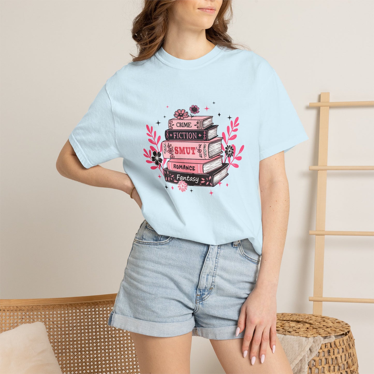 Book Stack Graphic T-Shirt — Cute Floral Reading Shirt (Crime, Fiction, Smut, Romance)
