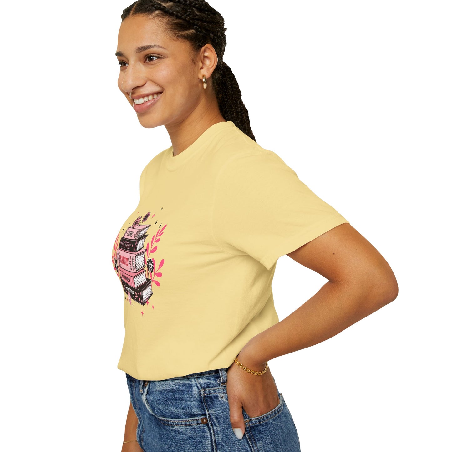 Book Stack Graphic T-Shirt — Cute Floral Reading Shirt (Crime, Fiction, Smut, Romance)