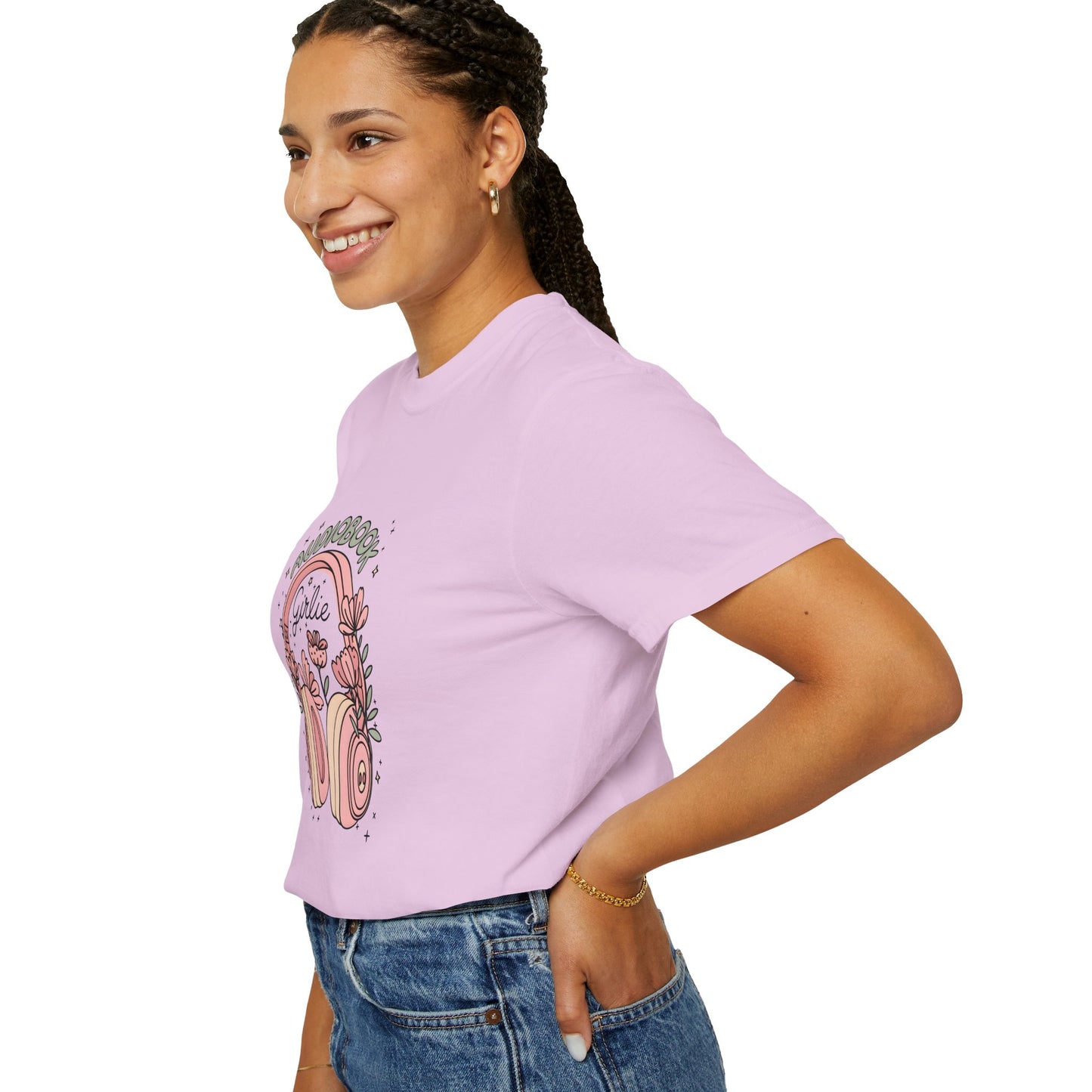 "Audiobook Girlie" T-Shirt — Floral Headphones Graphic Tee