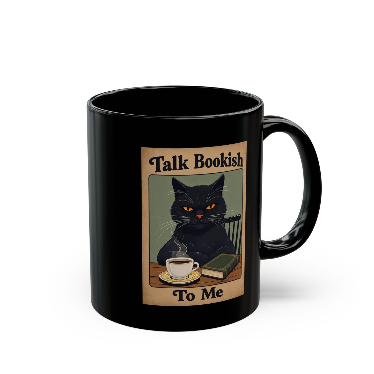 Bookish Cat Coffee Mug — “Talk Bookish To Me” Black Ceramic Mug