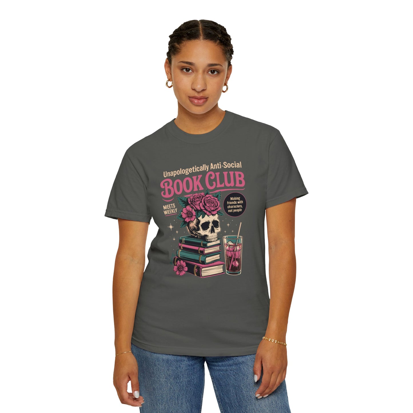"Unapologetically Anti-Social Book Club" T-Shirt — Skull & Books Graphic Tee for Avid Readers