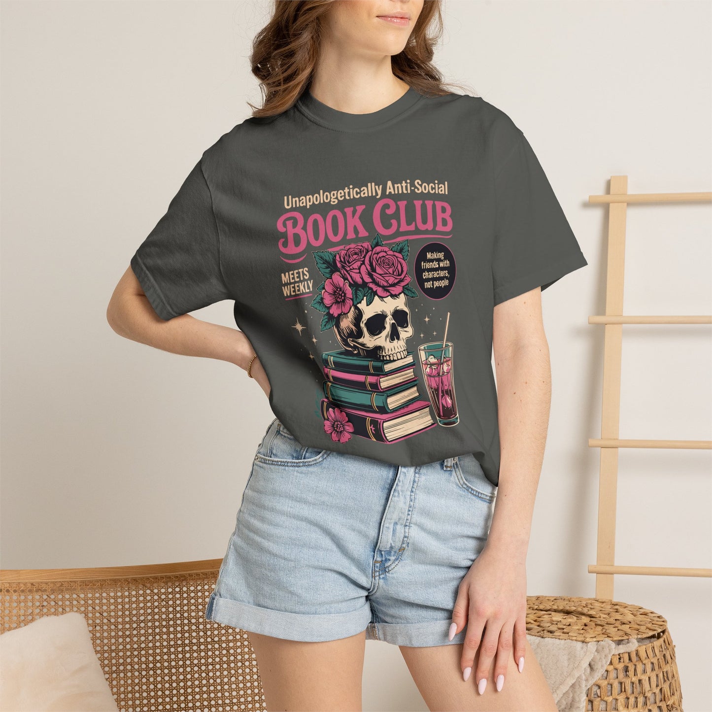 "Unapologetically Anti-Social Book Club" T-Shirt — Skull & Books Graphic Tee for Avid Readers