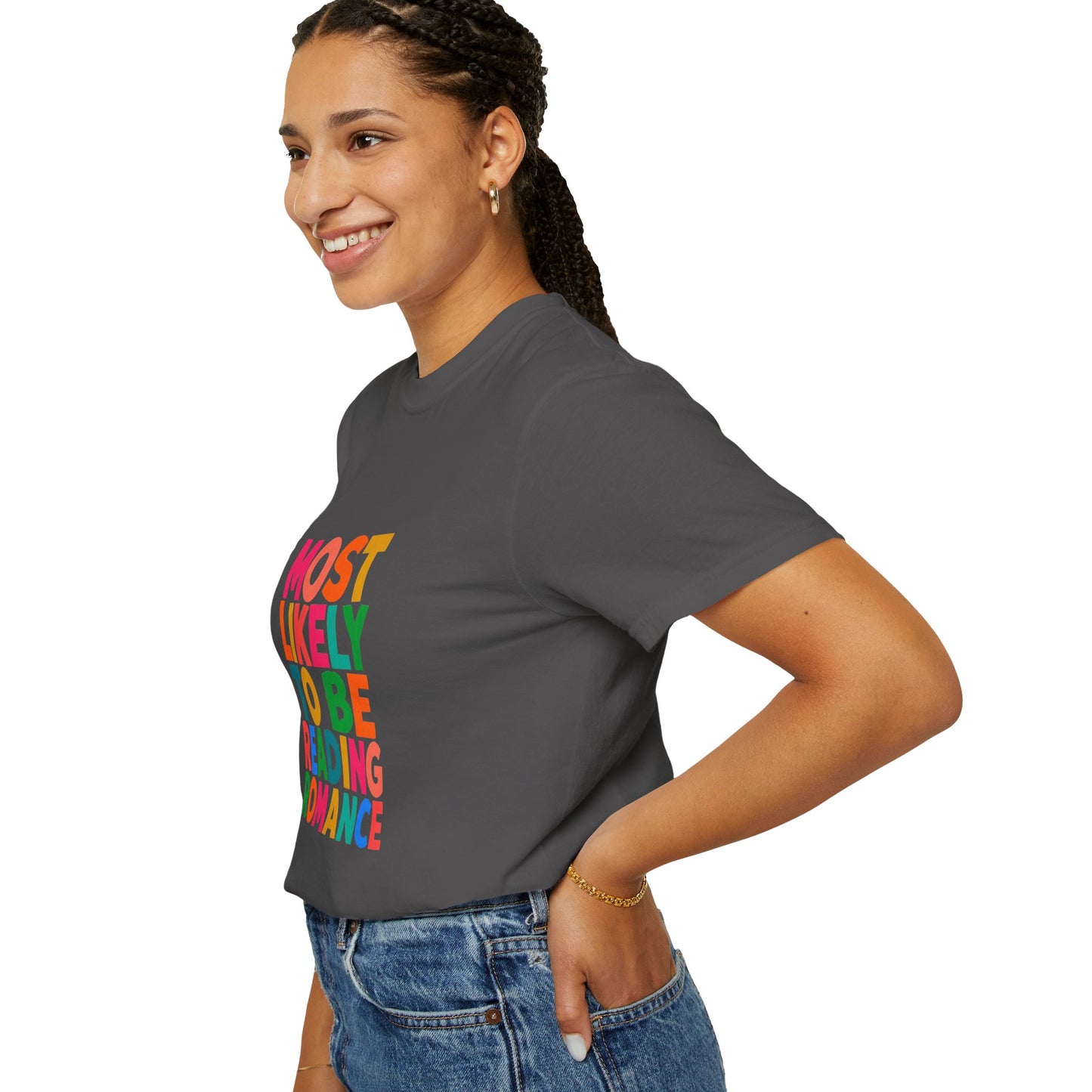 "Most Likely to Be Reading Romance" Colourful Book Lover Tee