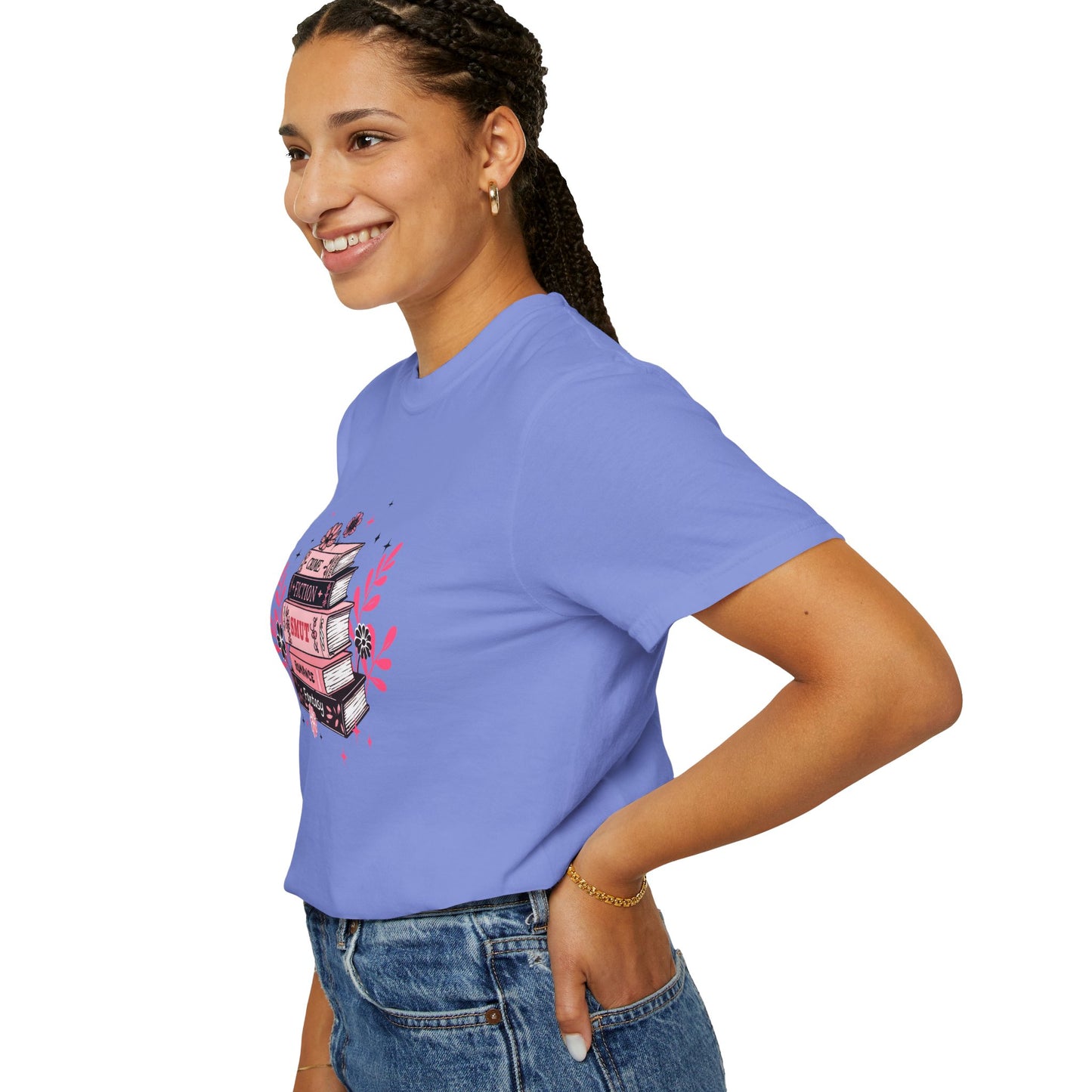 Book Stack Graphic T-Shirt — Cute Floral Reading Shirt (Crime, Fiction, Smut, Romance)