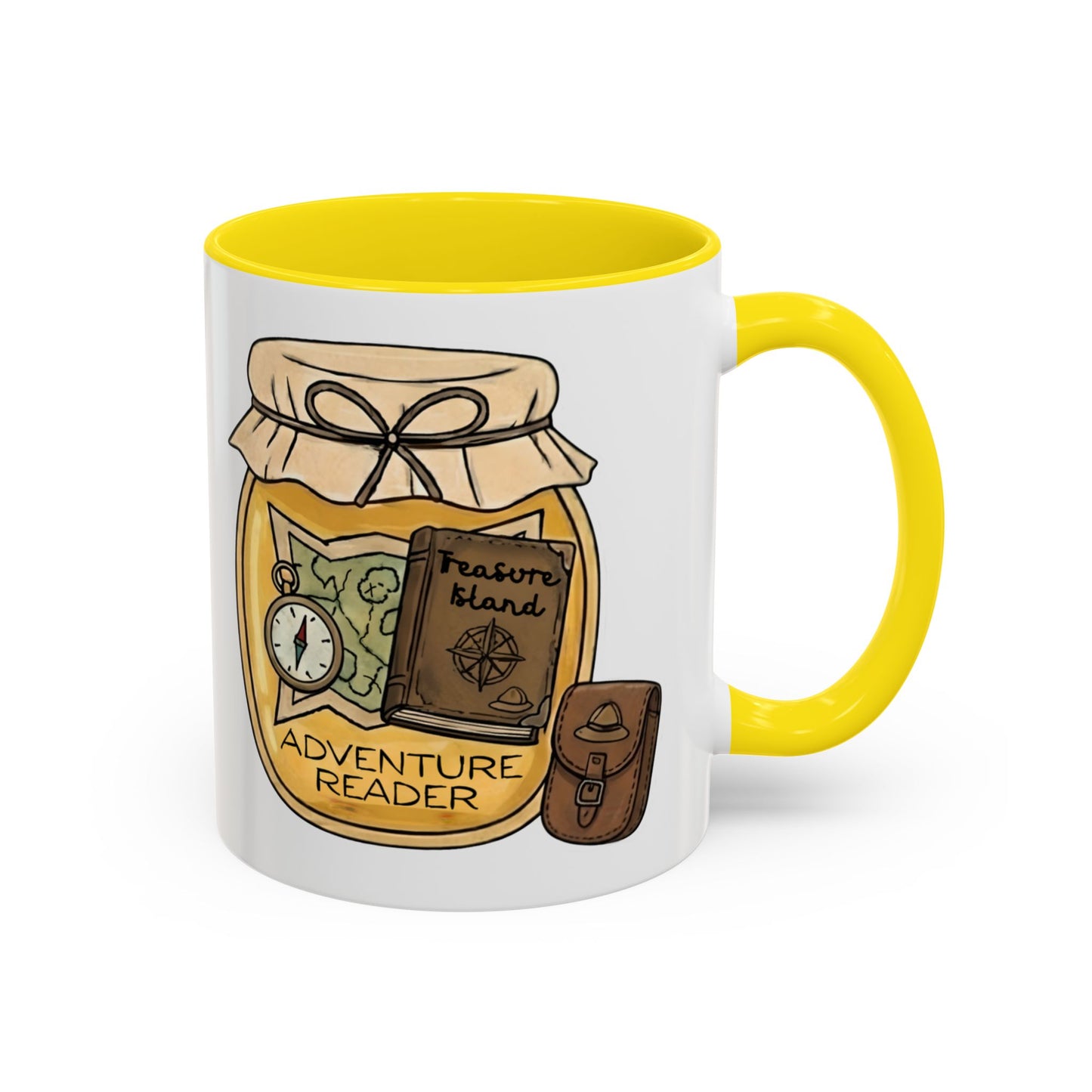 "Adventure Reader" Accent Coffee Mug — Bookish Travel Compass & Treasure Jam Jar Design