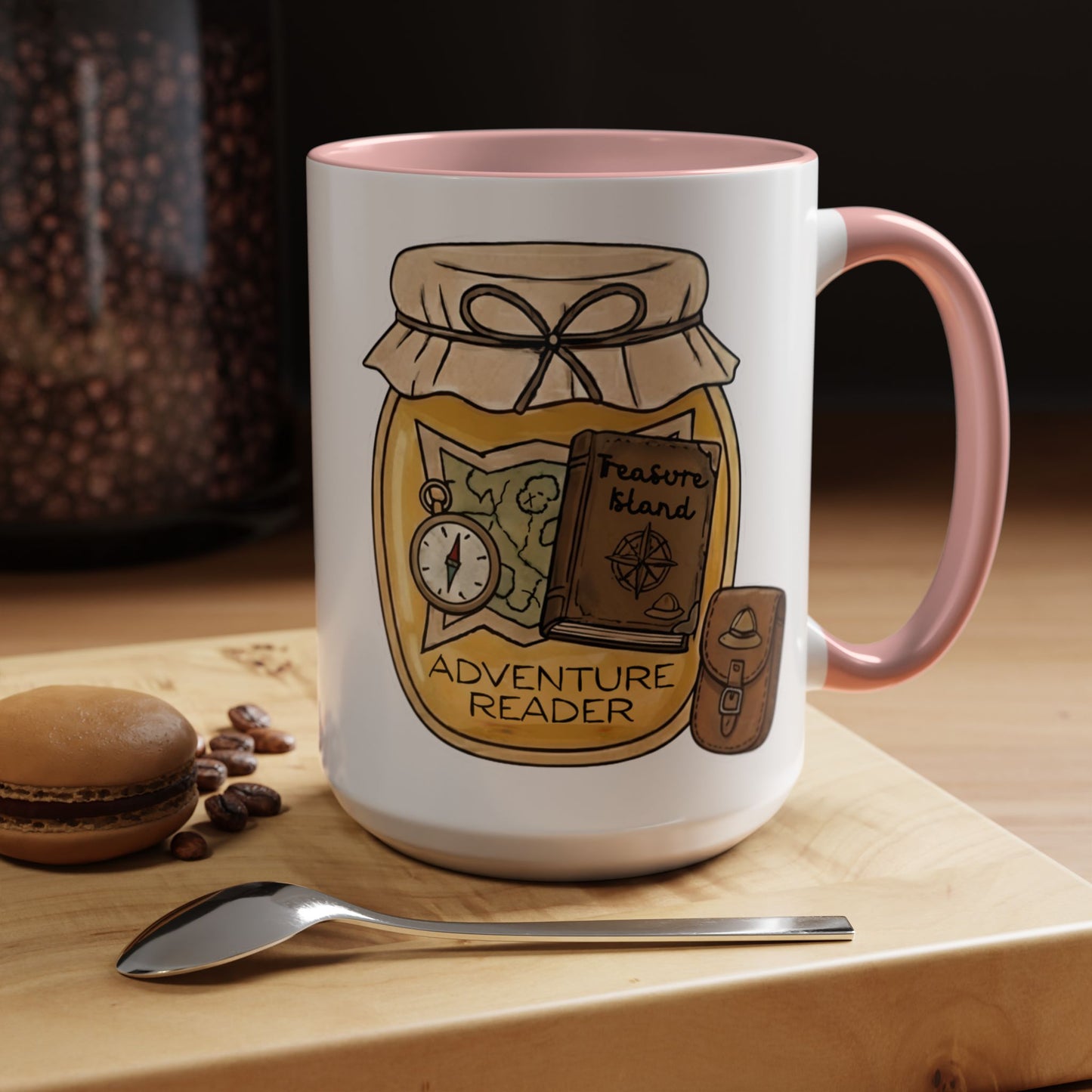 "Adventure Reader" Accent Coffee Mug — Bookish Travel Compass & Treasure Jam Jar Design