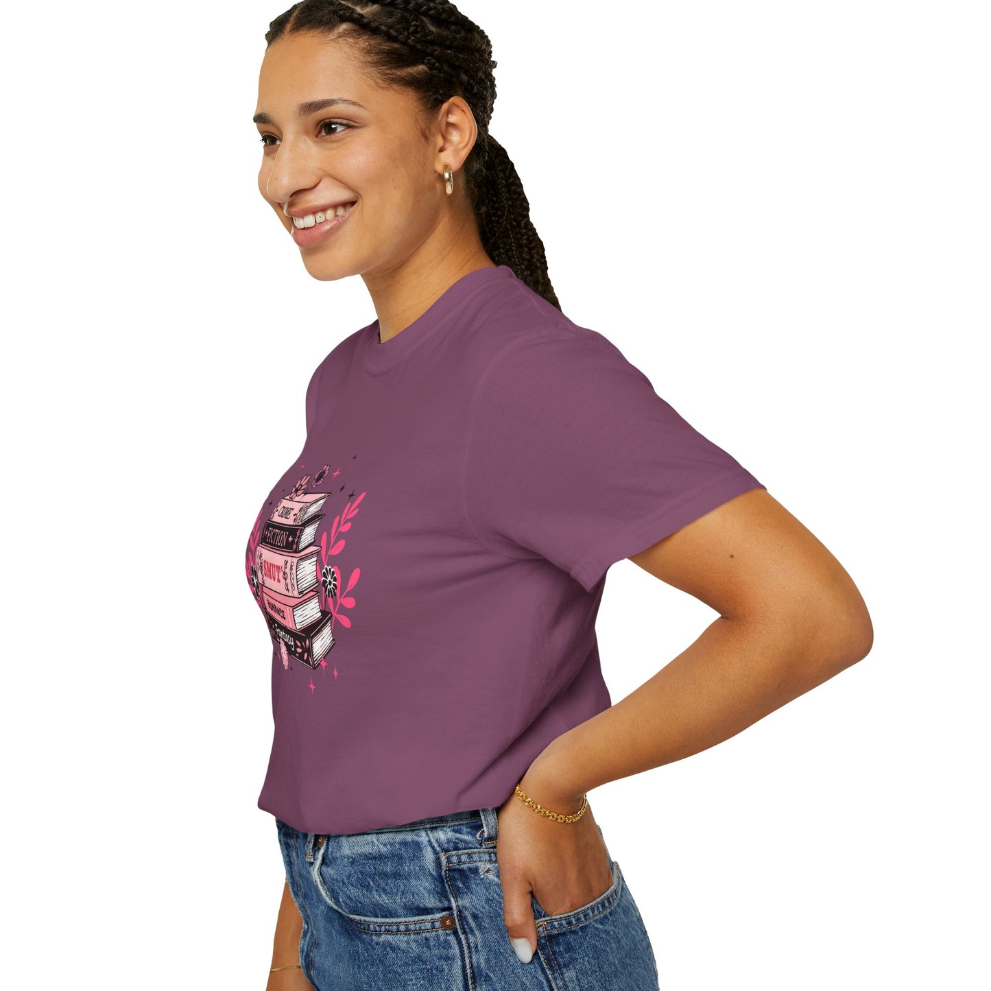 Book Stack Graphic T-Shirt — Cute Floral Reading Shirt (Crime, Fiction, Smut, Romance)