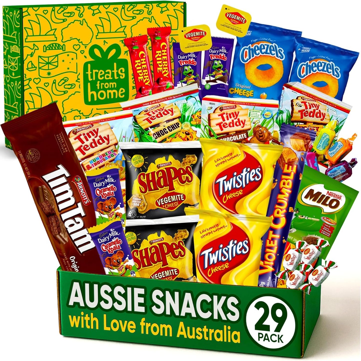 Australian Snack gift Box (29 Units) Best Australian Candy and Food Products Packed With Aussie Candy Classics Including Tim Tams, Arnott’s, Twisties, Cherry Ripe and Much More - Happy Tucker