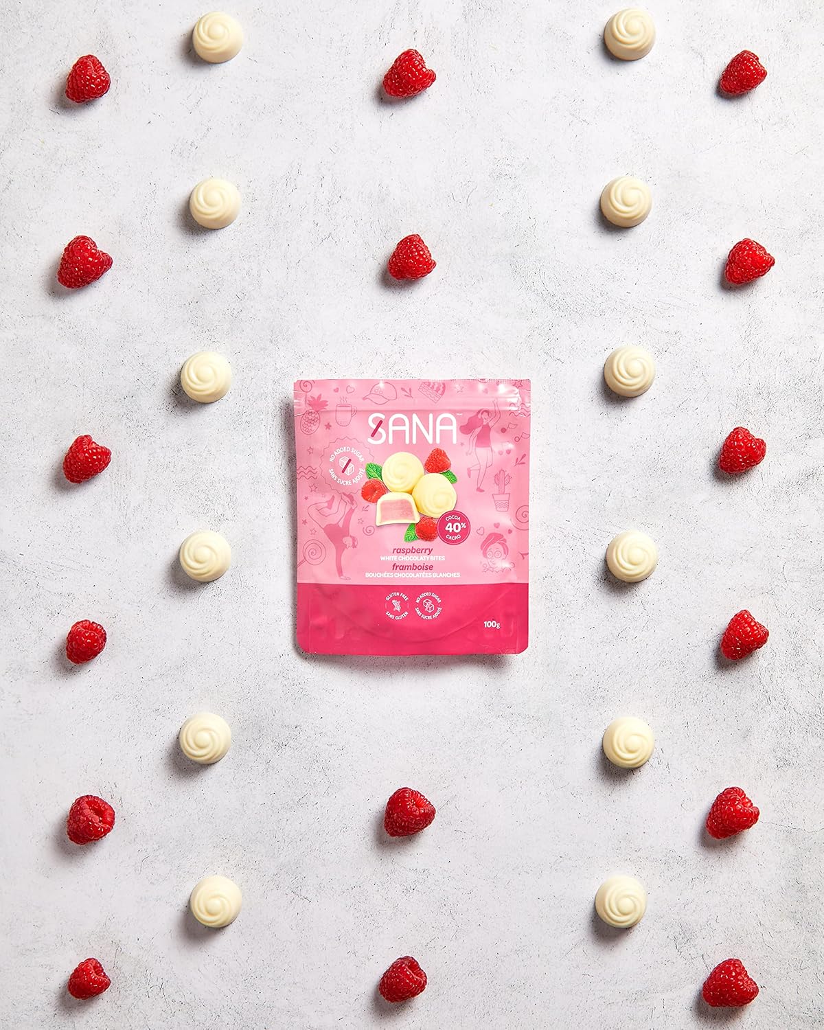 SANA Raspberry White Chocolaty Bites 40% Cocoa, Keto Friendly, Low Carb, No Sugar Added, Diabetic Friendly, Made in Canada, 100 grams