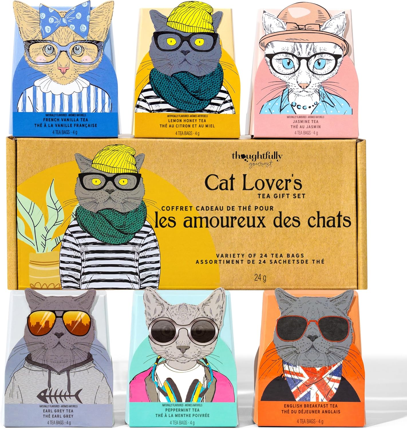Thé pour les amoureux des chats - 6 saveurs avec des illustrations de chats élégantes et des citations amusantes par Thoughtfully Gourmet
