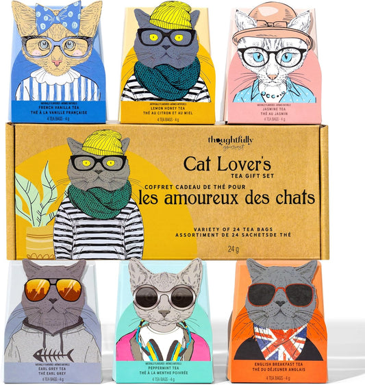 Thoughtfully Gourmet, Cat Lover’s Tea Gift Set, Includes 24 Teas in 6 Flavours with Stylish Cat Art and Fun Quotes for Cat Moms and Cat Dads, Set of 24