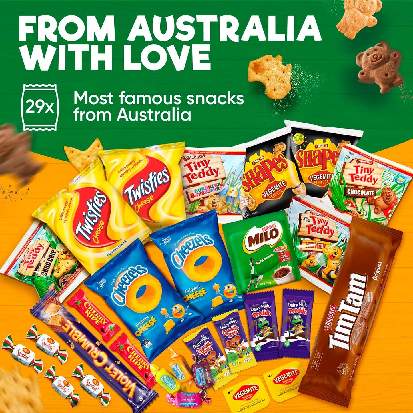 Australian Snack gift Box (29 Units) Best Australian Candy and Food Products Packed With Aussie Candy Classics Including Tim Tams, Arnott’s, Twisties, Cherry Ripe and Much More - Happy Tucker