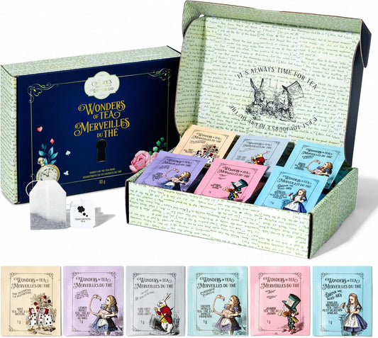 Alice’s Adventures in Wonderland, Wonder of Tea Gift Set, Tea Sampler includes 6 Flavours of Tea with Book Quotes and Illustrations, Mad Hatter Tea Party, Birthday, Mother's Day, Baby Shower, Set of 90