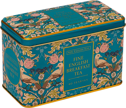 New English Teas – Classic Teal Victorian Design Tea Tin with 40 Teabags – English Breakfast Blend – Arts Inspired British Tea Gift