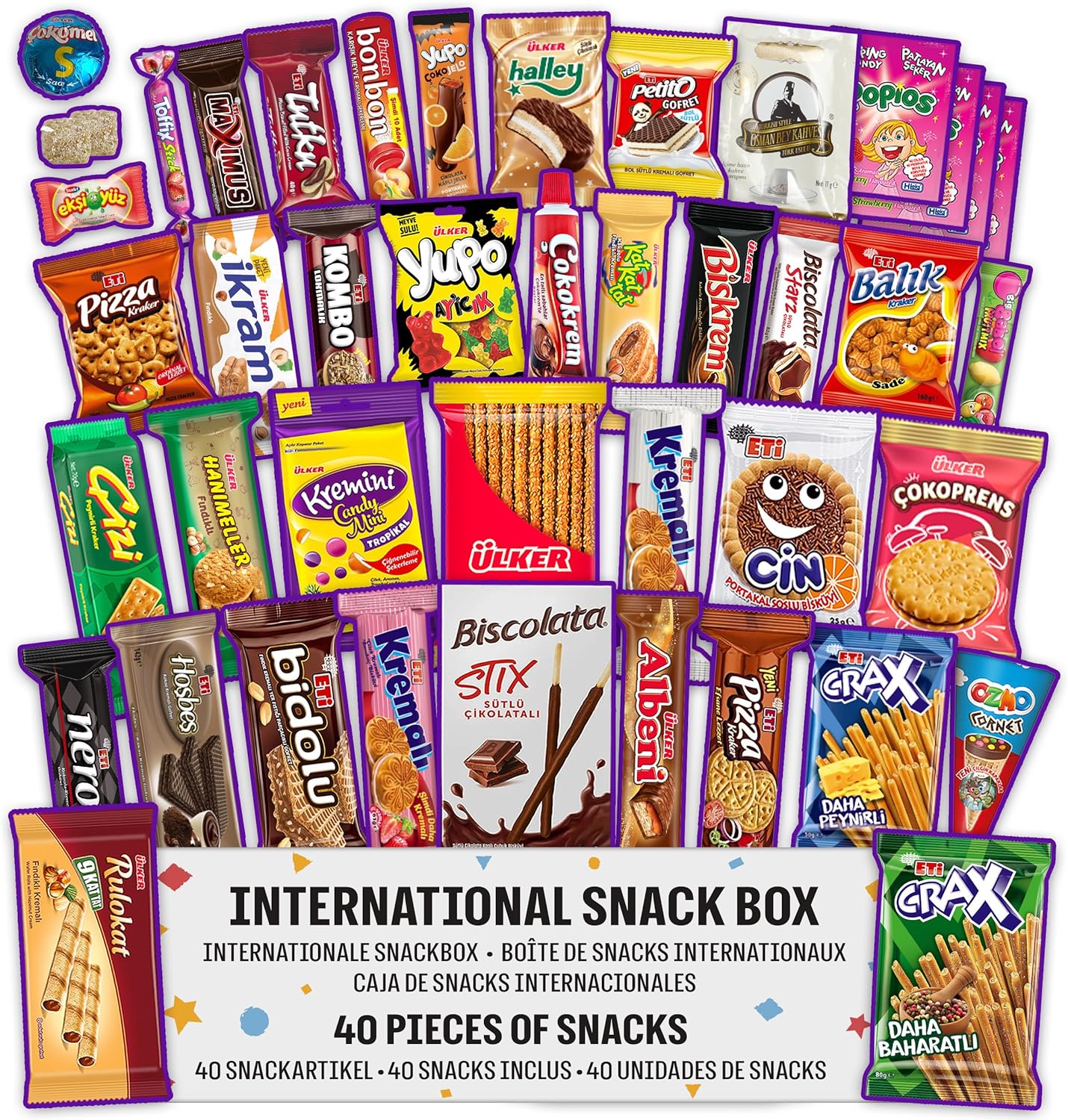 Eastanbul International Snack Box, Premium 40 Full-Size Foreign Snack Box, From Around The World International, Sweet, Savory, Chewy, Crunchy, Gift for Christmas