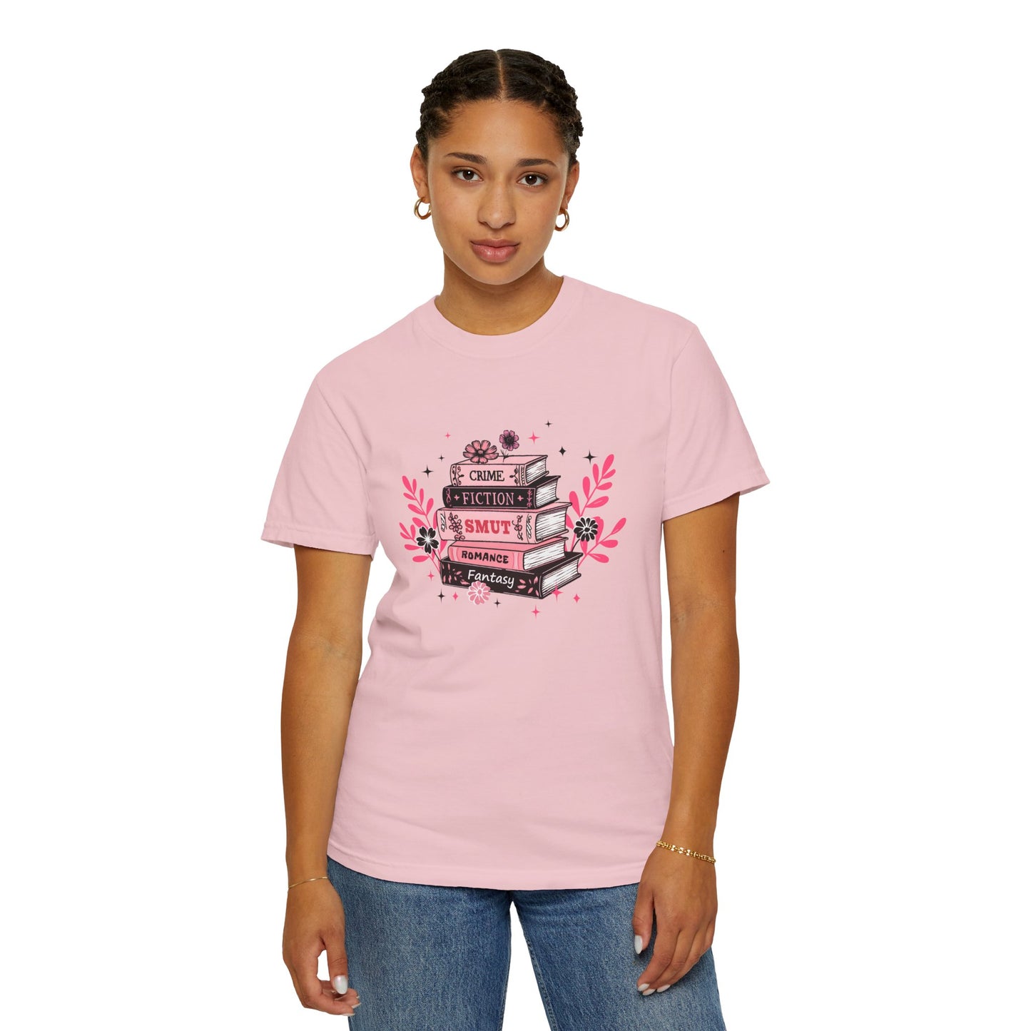 Book Stack Graphic T-Shirt — Cute Floral Reading Shirt (Crime, Fiction, Smut, Romance)