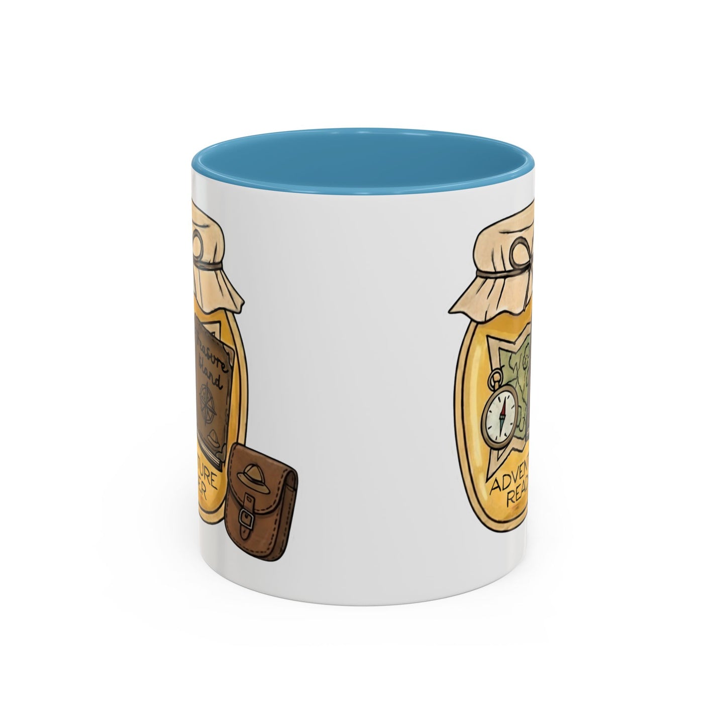 "Adventure Reader" Accent Coffee Mug — Bookish Travel Compass & Treasure Jam Jar Design