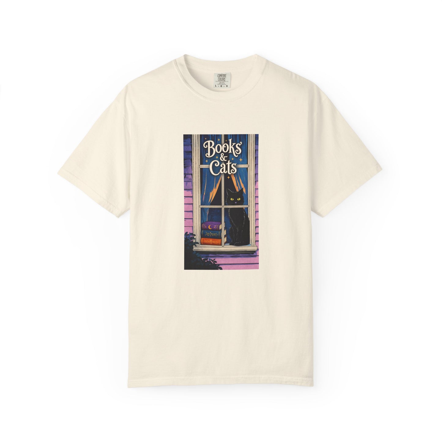 "Books & Cats" T-Shirt — Cozy Bookshop Window Graphic Tee