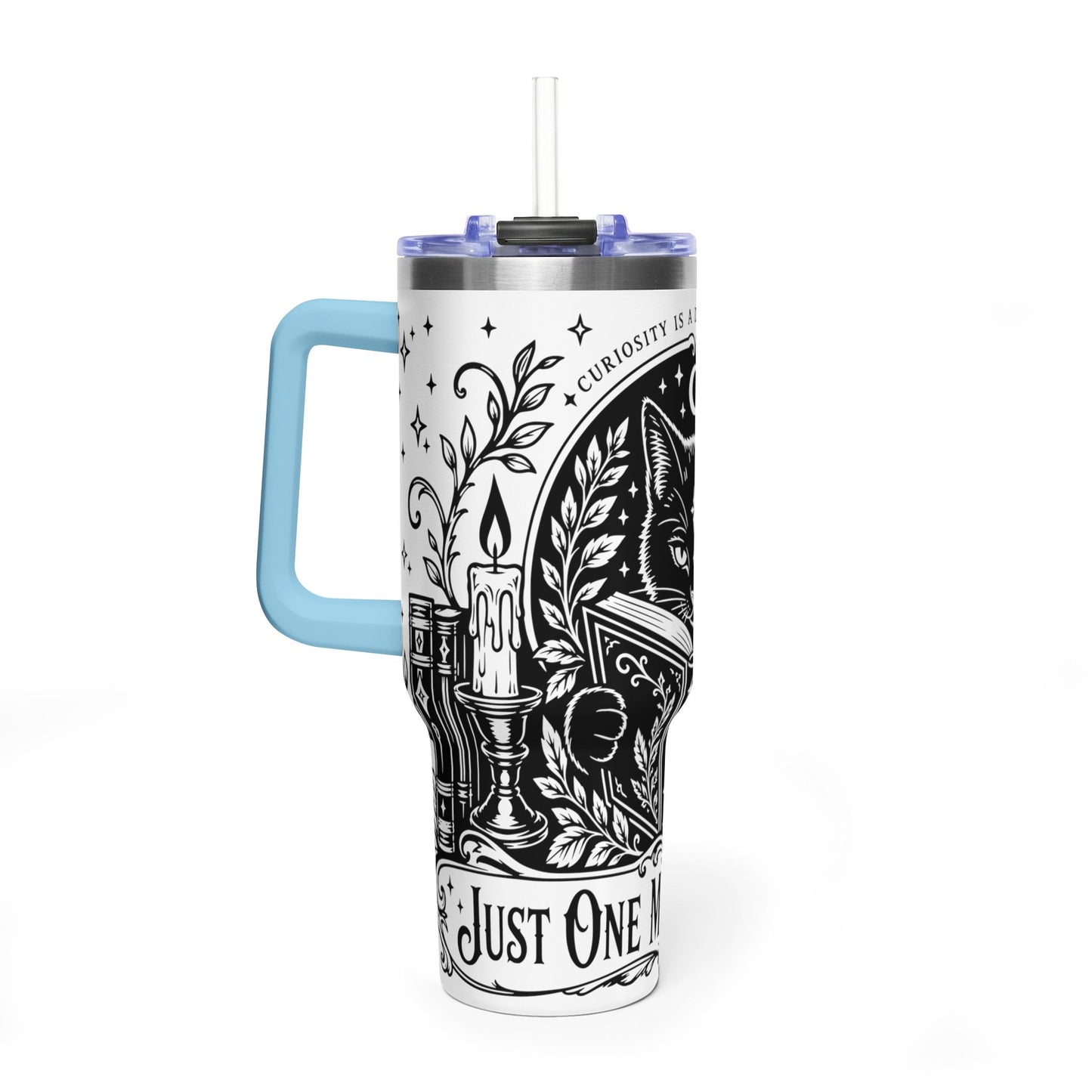 40oz Vacuum Tumbler — Black Cat "Just One More Chapter" Bookish Travel Mug